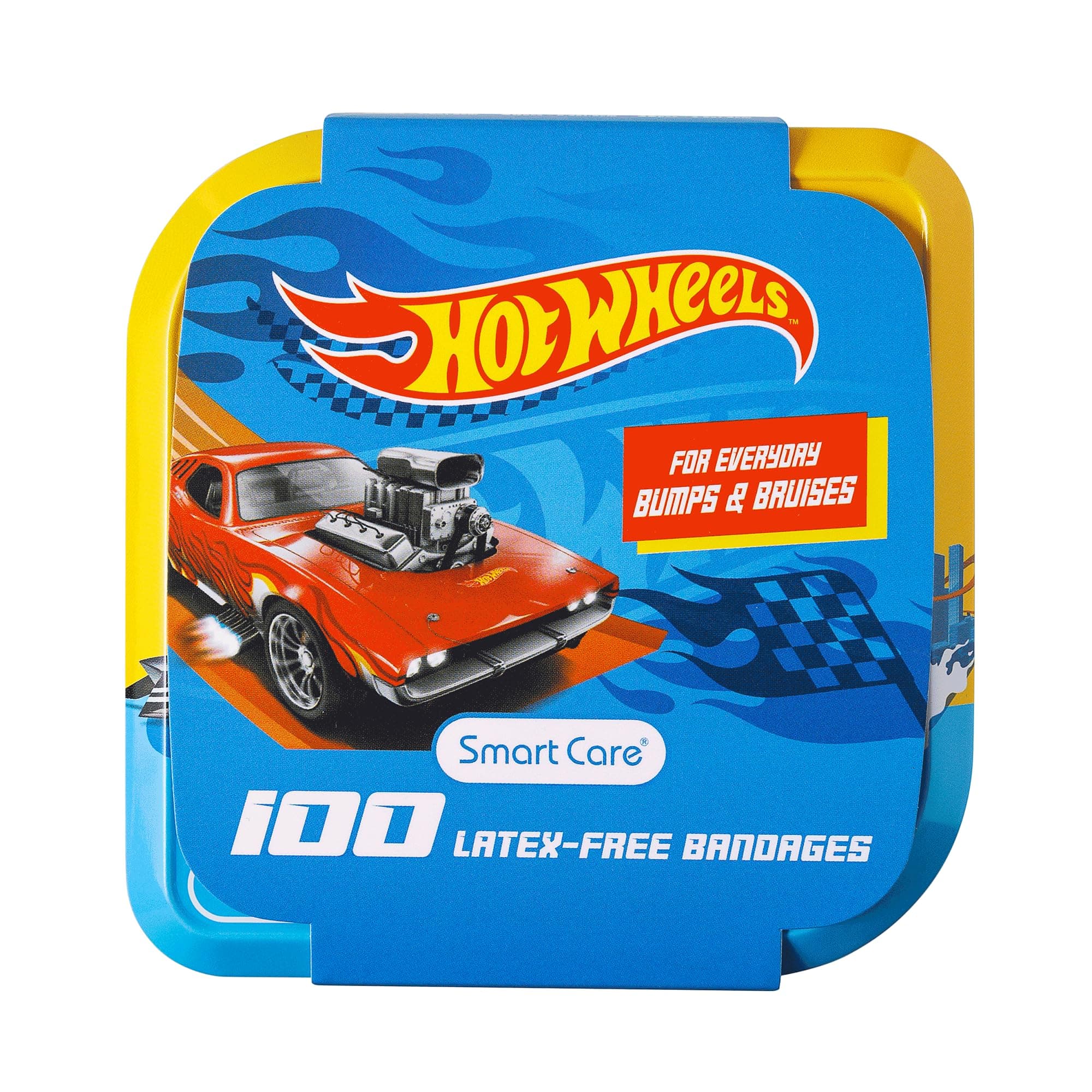 Smart Care Hot Wheels Bandage Kit, Bandaids for Kids, Ideal for Boys, Infants and Children, Latex-Free, 3 Assorted Sizes with Collectible Hot Wheels Tin Case, 100CT