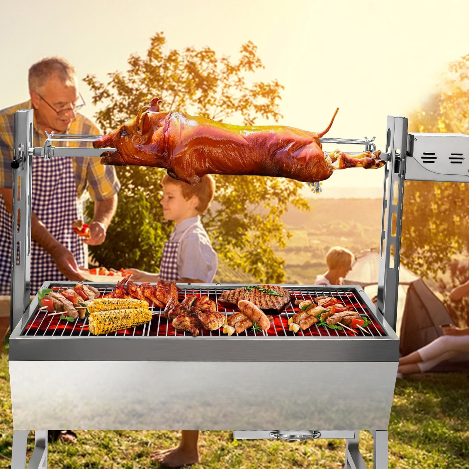 Rotisserie Grill With Windscreen, BBQ Whole Pig Lamb Goat Charcoal Spit Grill, 37 Inch 132Lbs Capacity, Electric 25W Motor Stainless Steel Roaster With Lockable Wheels, For Camping Outdoor