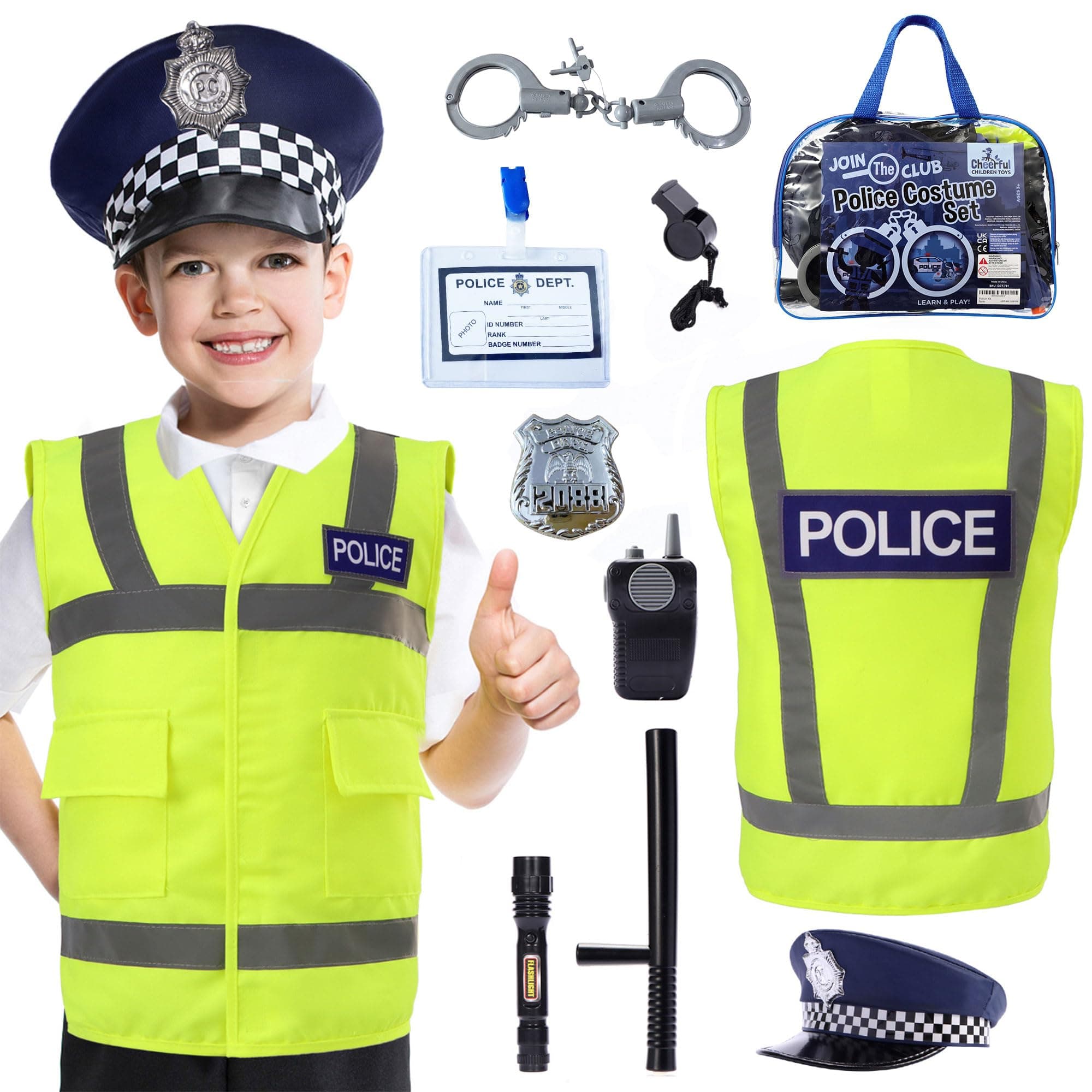 Cheerful Children Toys Kids Police Costume - 10 Pcs Police Officer Outfit Dress Up - Ideal for Boys & Girls Aged 3-7 - Include Vest & Hat - Kids Fancy Dress for Roleplay, Halloween, & STEM Learning