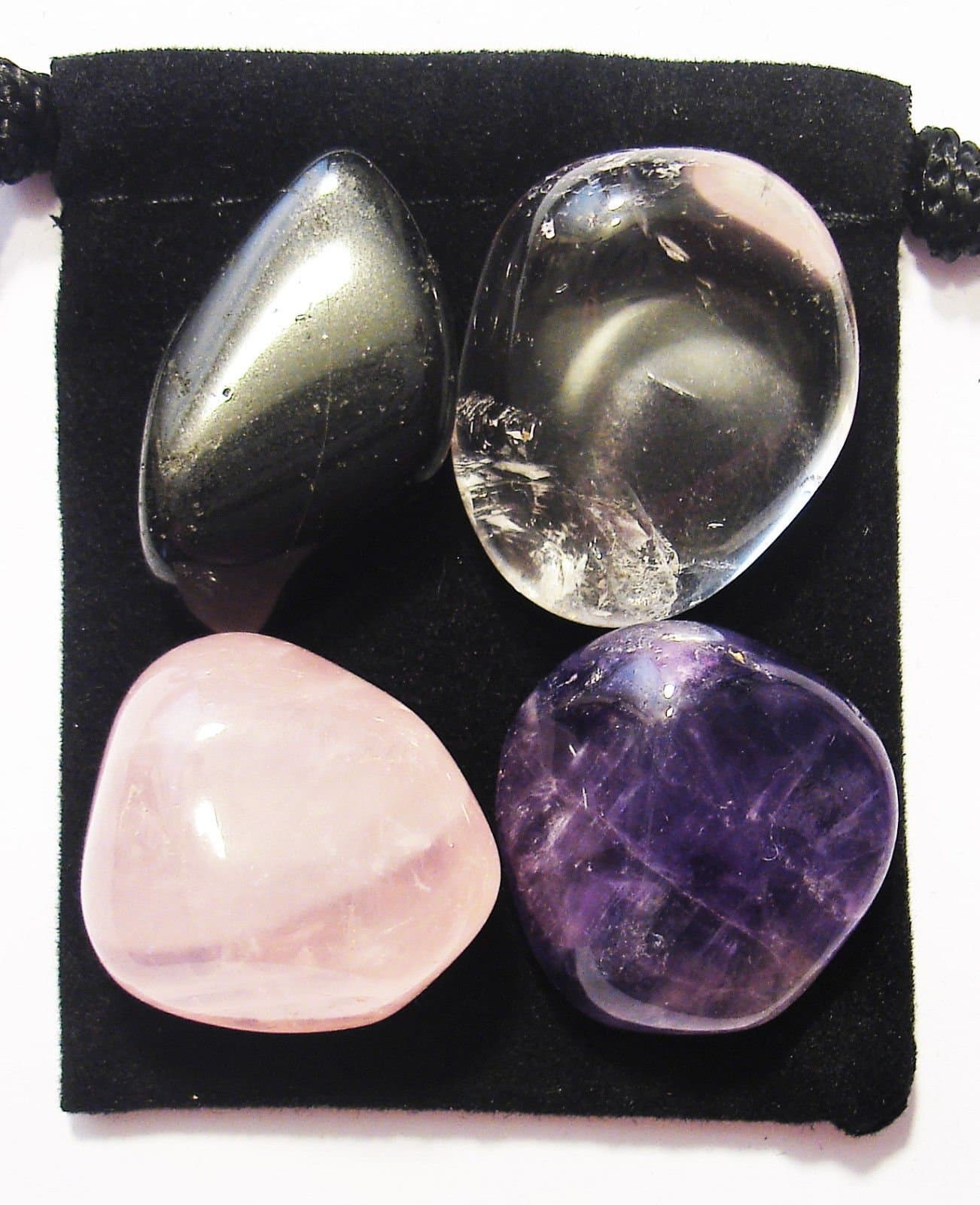 FIBROMYALGIA RELIEF - Professionally Selected Tumbled Crystal Healing Set with Pouch & Description Card - Amethyst, Clear Quartz, Rose Quartz, & Tourmaline Genuine Gemstones
