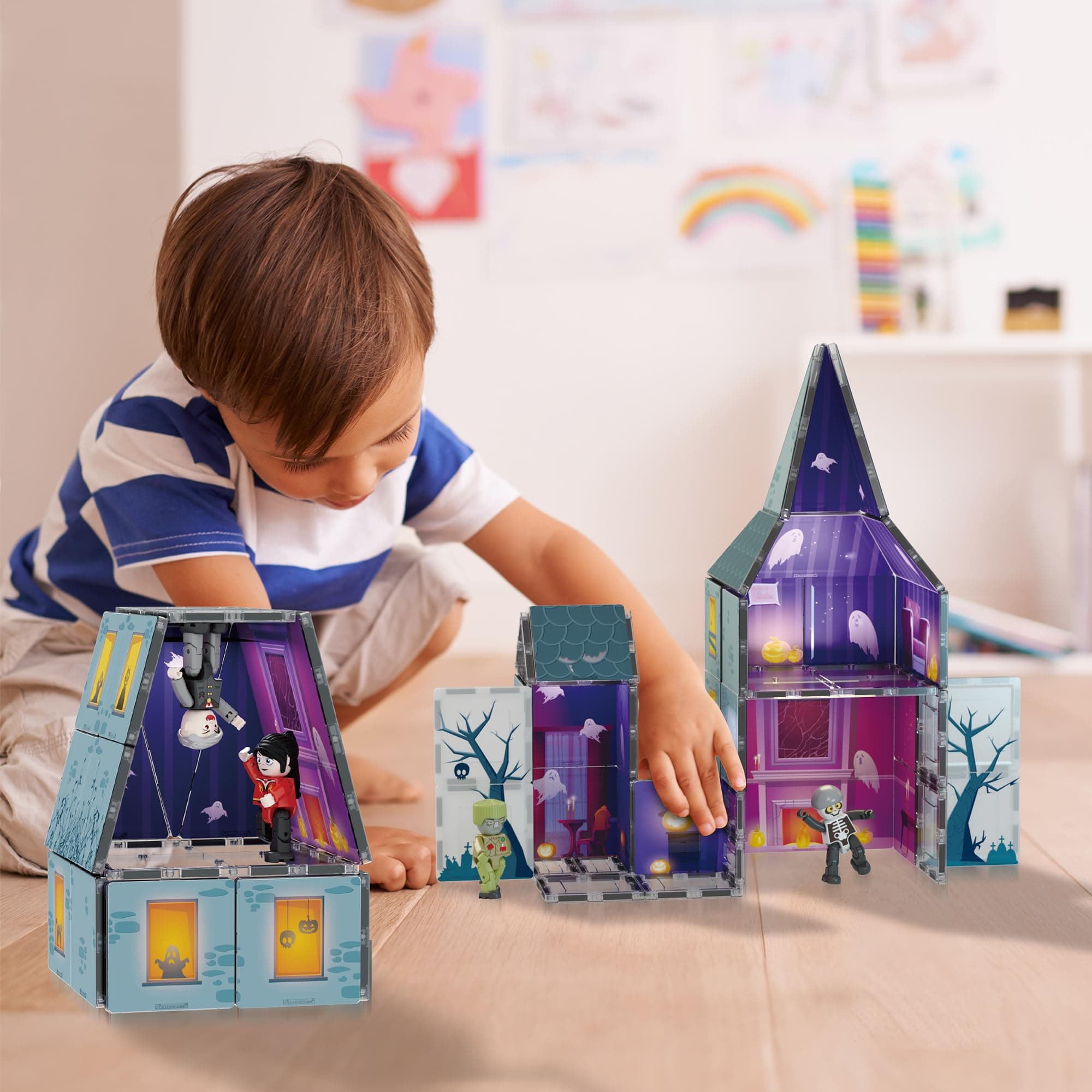 PicassoTiles 57pc Haunted House Theme Magnet Tile Building Blocks 8 Action Figures Magnetic Construction Toy Double Sided Printing Education STEM Learning Playset Halloween Adventure Kid Ages 3+ PTQ03