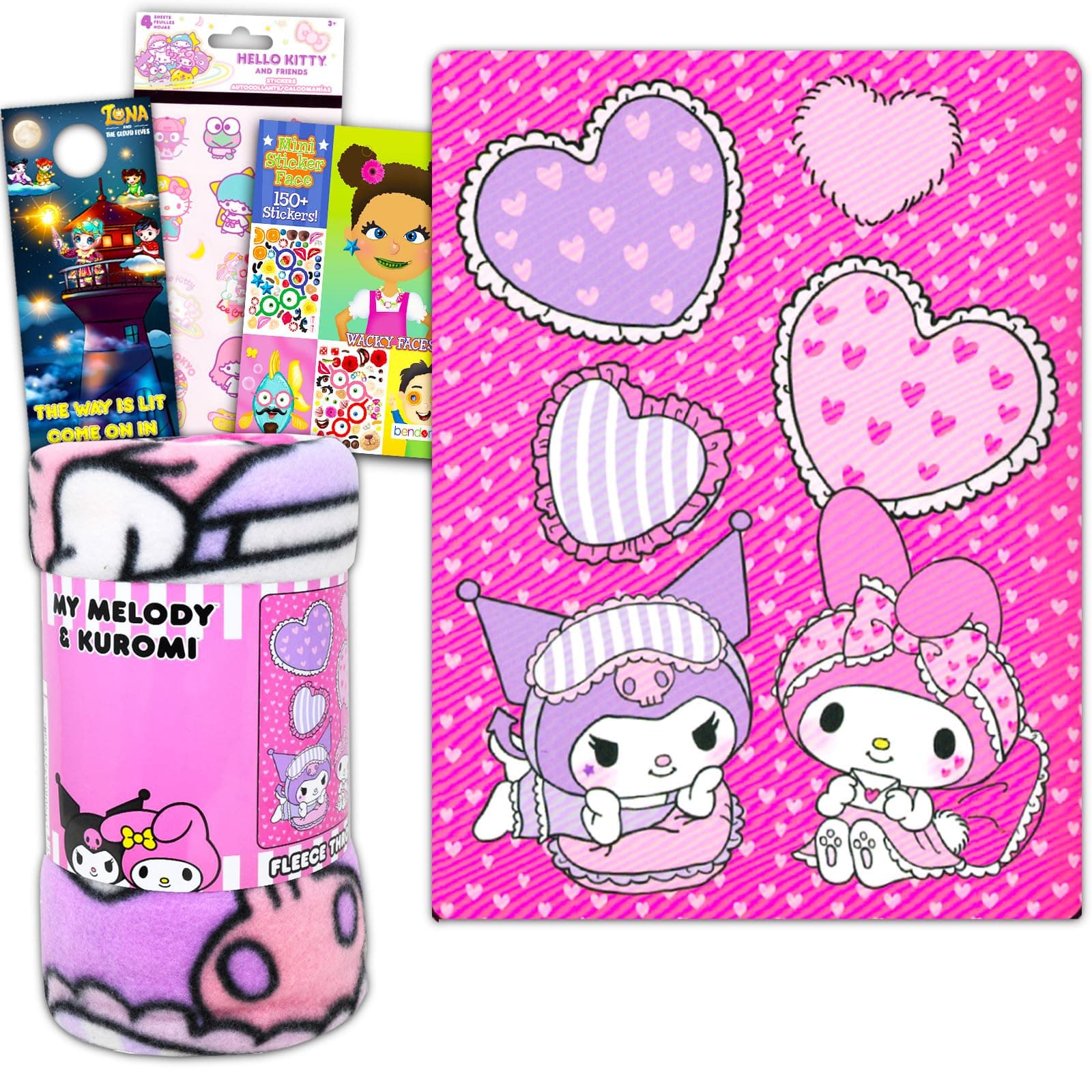 Sanrio Hello Kitty Fleece Blanket Set - My Melody and Kuromi Blanket Bundle with Hello Kitty Stickers and More for Kids Full