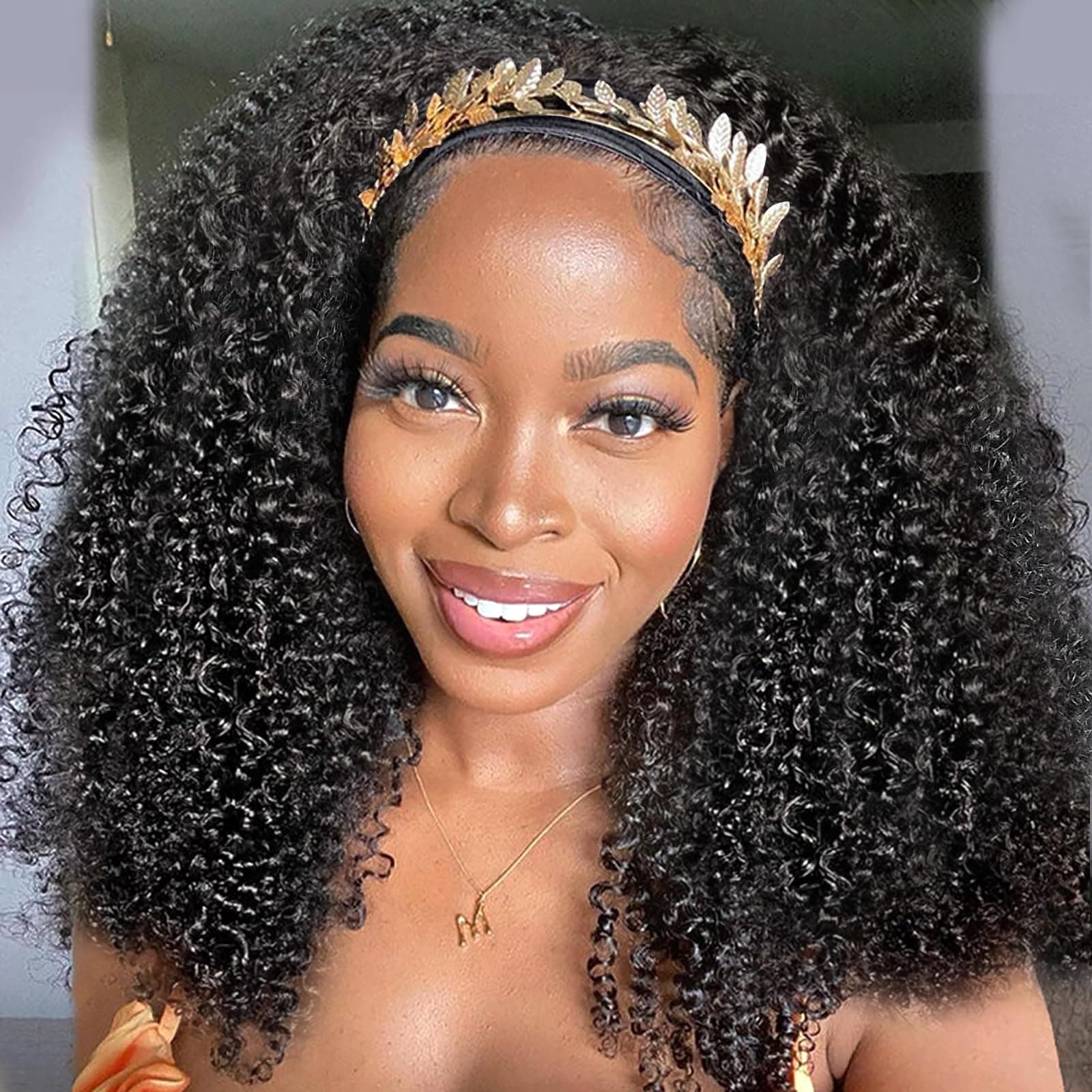 XSY Headband Wig Human Hair Kinky Curly 20 Inch Headband Wigs for Black Women Deep Curly Human Hair Wigs None Lace Front Wig 150% Density Natural Black Color