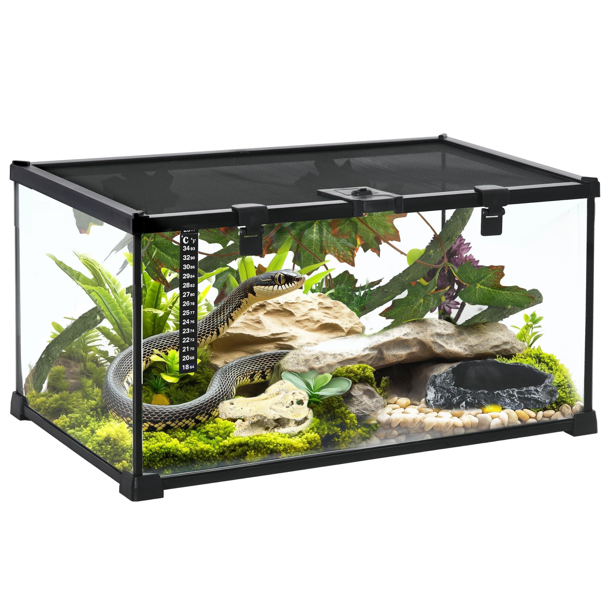 PawHut Vivarium, Terrarium, Glass Reptile Habitat w/Thermometer, Decoration, Heat for Lizards, Horned Frogs, Snakes, Spiders, 50 x 30 x 25cm
