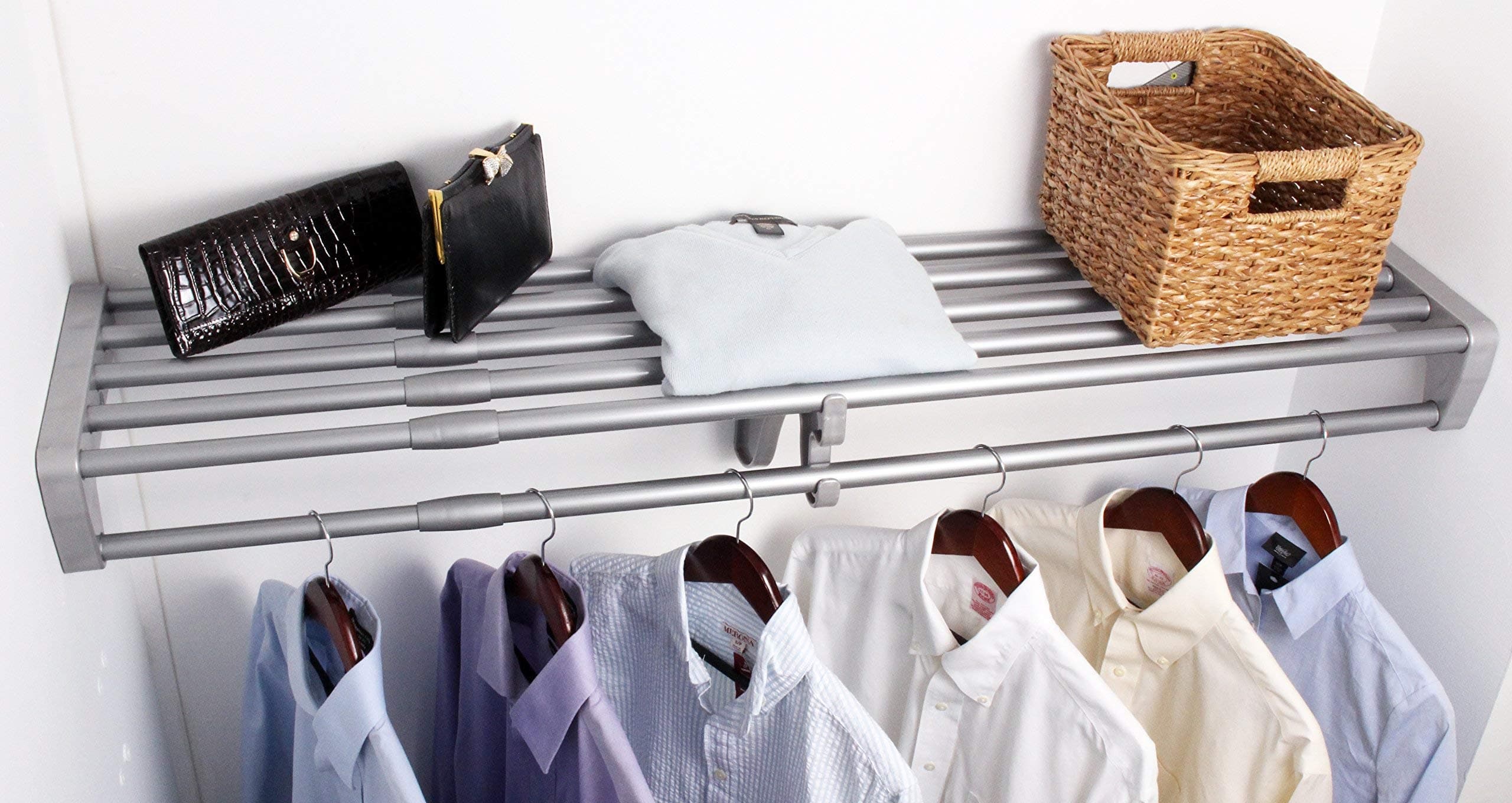 EZ Shelf - DIY Expandable Closet Shelf and Rod, 40" - 73", MOUNTS Between 2 Side Walls (No End Brackets), Silver