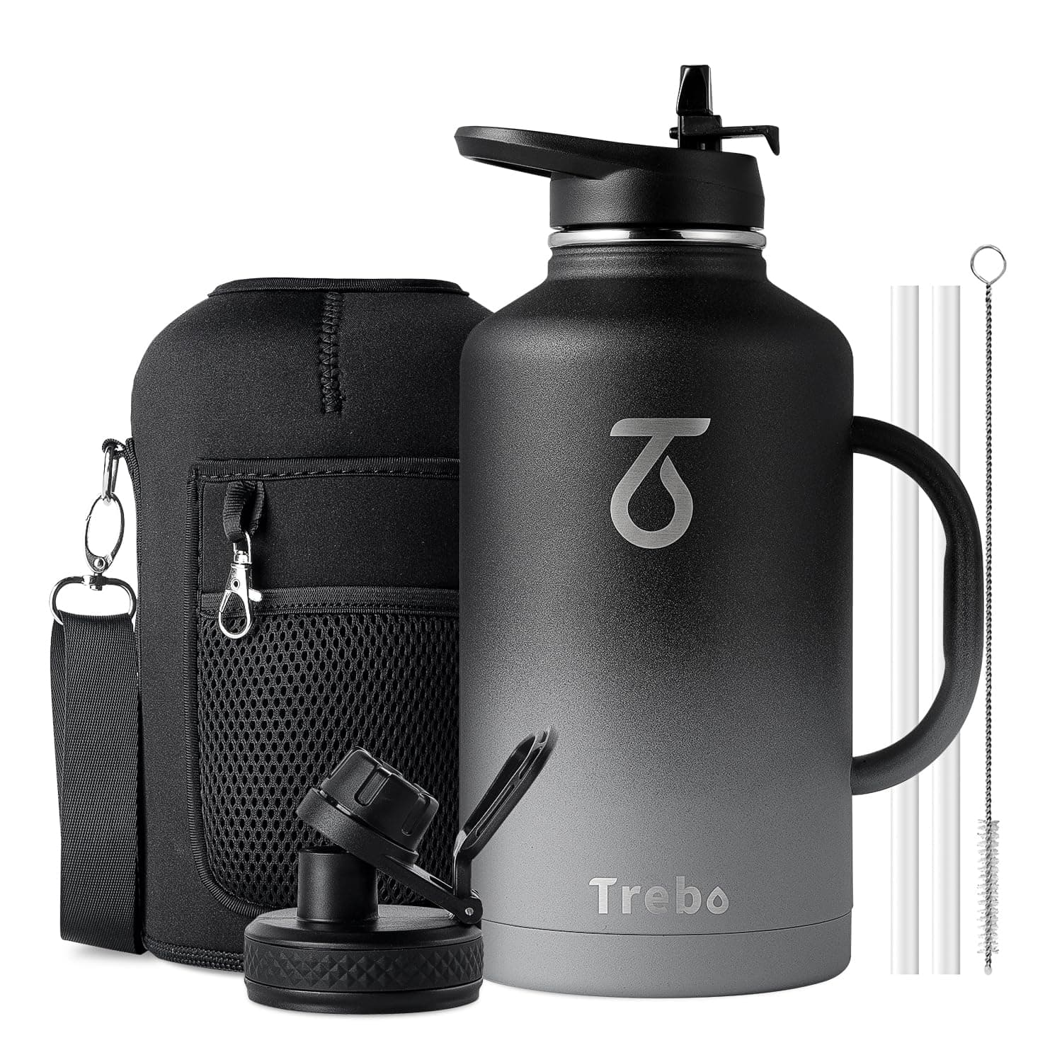 Trebo Insulated Water Bottle 2L, Stainless Steel Water Bottle 2L Metal Bottle with Handle Metal Large Jug Travel Flask with Straw Spout Lid Mug Tumbler Cup with Carry Pouch Keep Cold Hot, Dark Grey