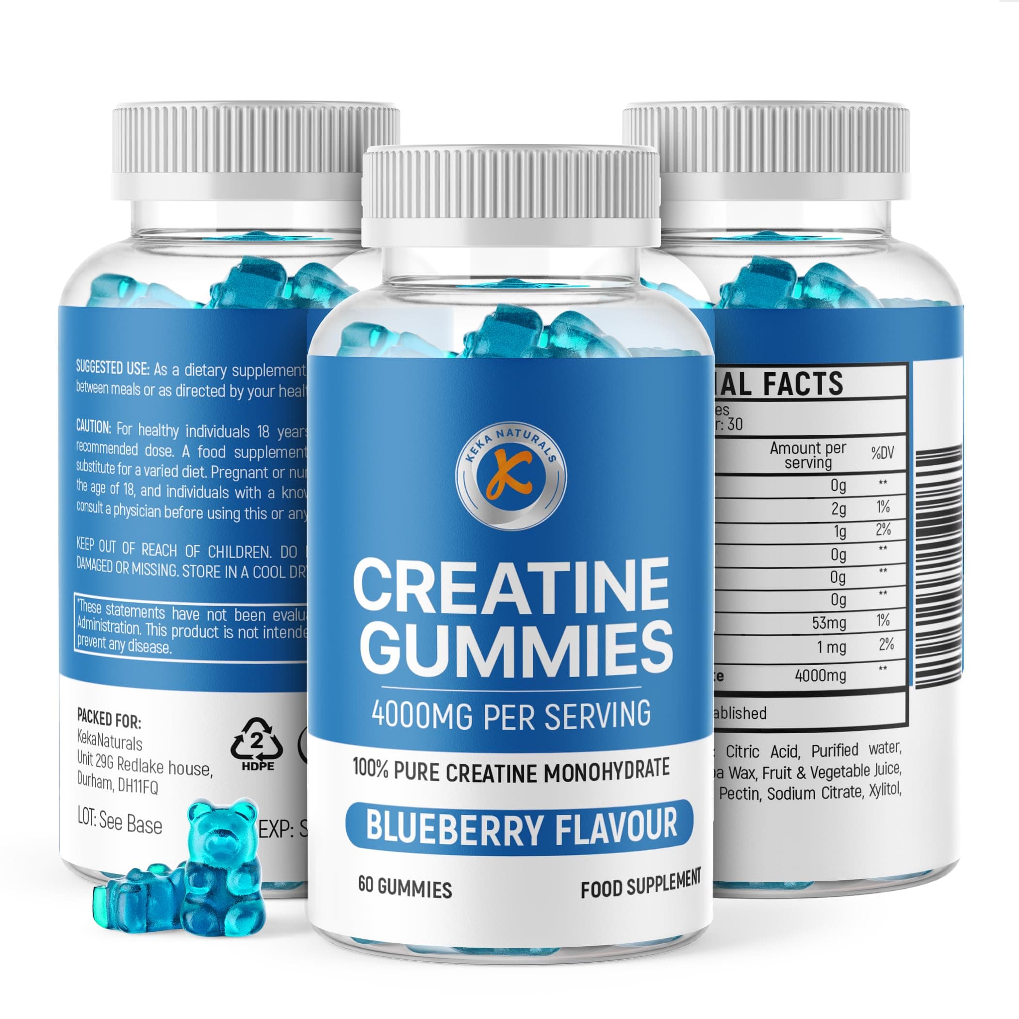 Creatine Gummies 4000mg for Men & Women - 60 Gummies - Pure Creatine Monohydrate - Blueberry Flavour, Vegans & Vegetarians