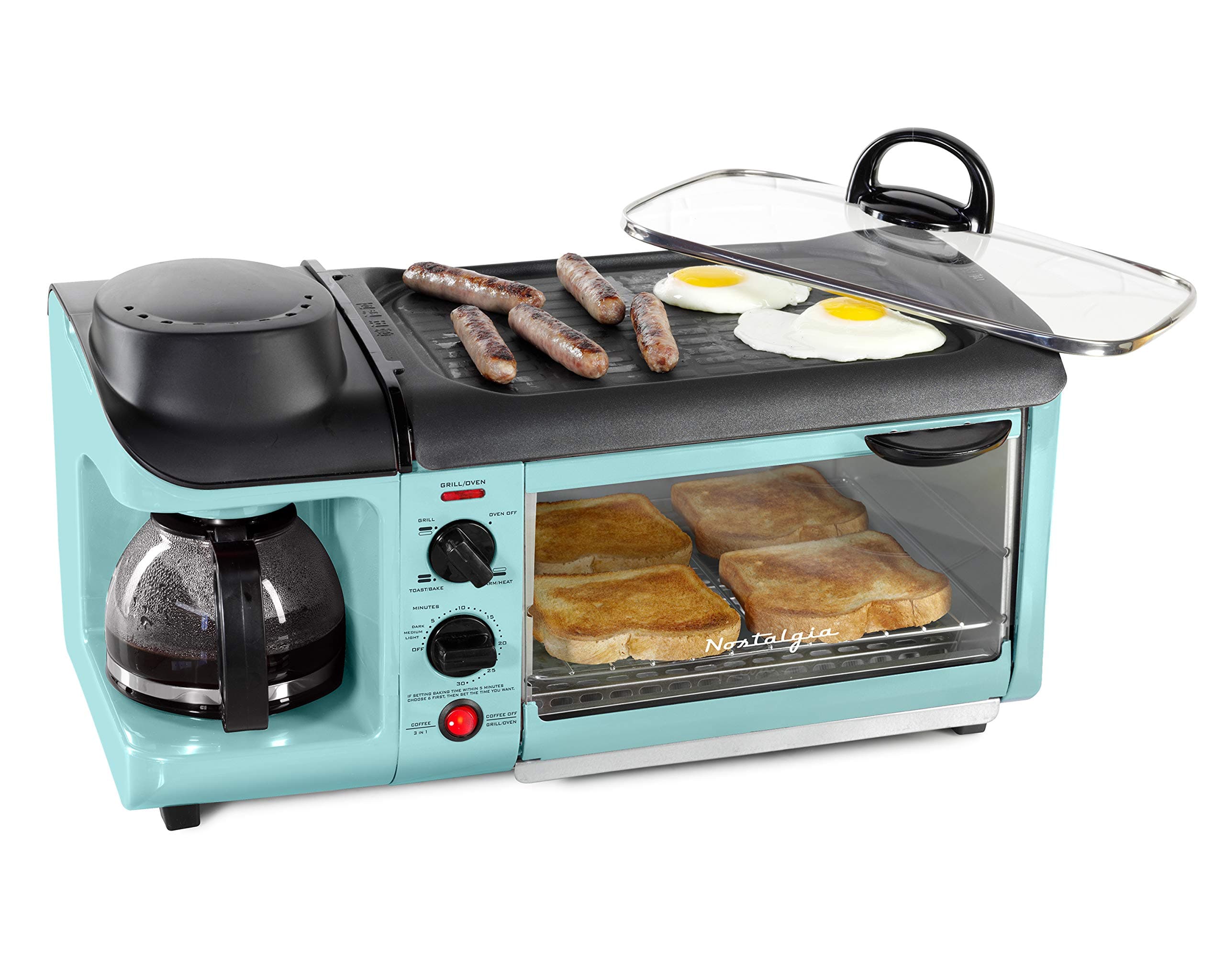 3-in-1 Breakfast Station - Includes Coffee Maker, Non-Stick Griddle, and 4-Slice Toaster Oven - Versatile Breakfast Maker with Timer - Aqua