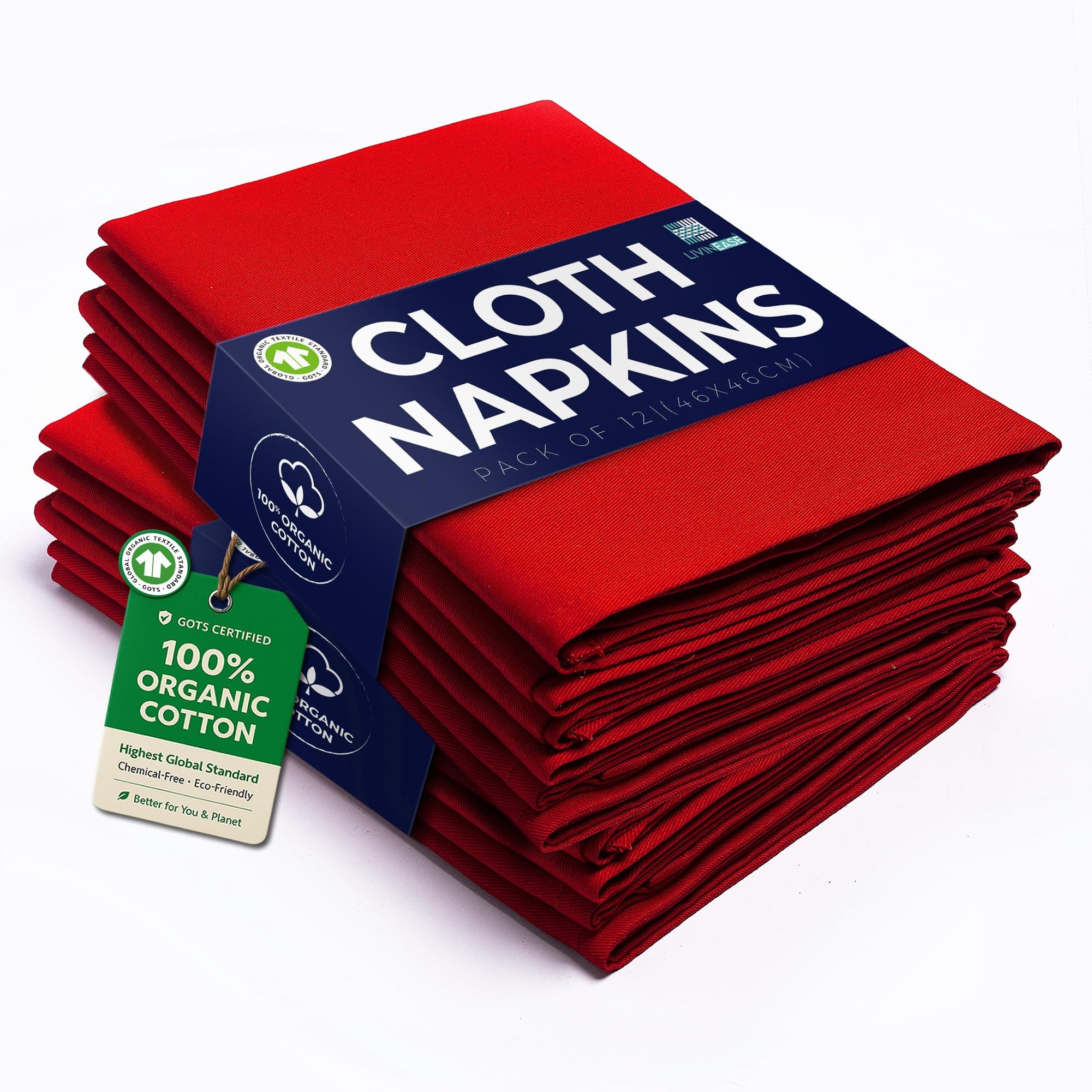 Cotton Cloth Napkins - Pack of 12 Red Table Napkins - 100% Cotton Reusable Large Fabric Napkins 46 x 46 cm for Christmas Table (Red)