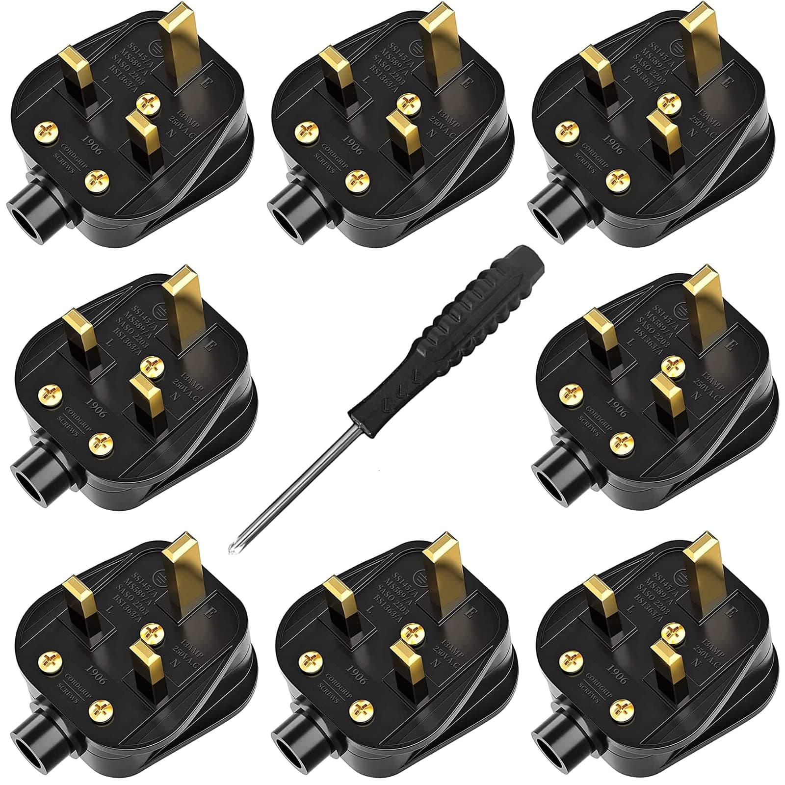 UK Plugs with 13 AMP Fused, 3 pin Mains Plug with Cord Grip Rewireable Heavy Duty Electrical Plug, Rubber Composite Plug, 8 Pack - Black