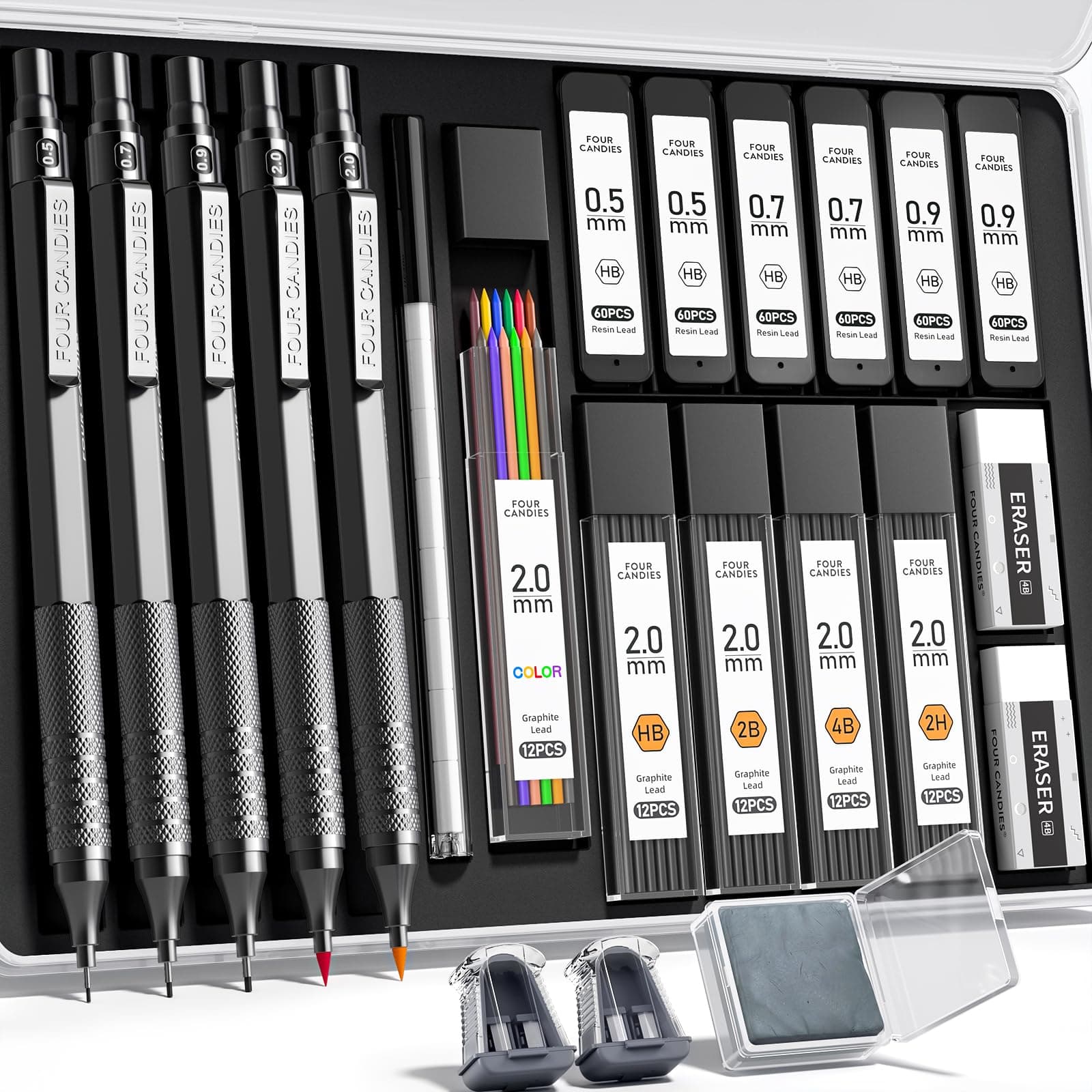 our Candies Mechanical Pencil Set Black, 3PCS Metal Lead Pencils 0.5, 0.7, 0.9MM & 2PCS 2MM Art Drafting Pencil Set (4B 2B HB 2H Color) with 420PCS Refills for Writing Sketching Drawing