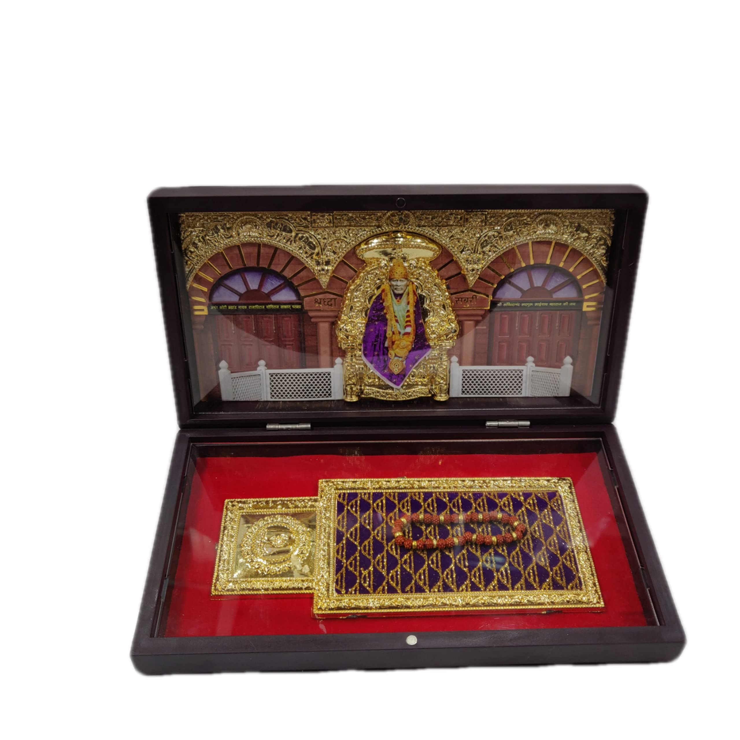 SHRI SAI TRADERS Gold Coated Sai Baba God Idol with Charan Paduka | Devotional Prayer BoxGift Box for Gifting | Pooja Mandir | Home Decor (4.5 inches x 8.5 inches)(Samadhi Mandir, Gold)