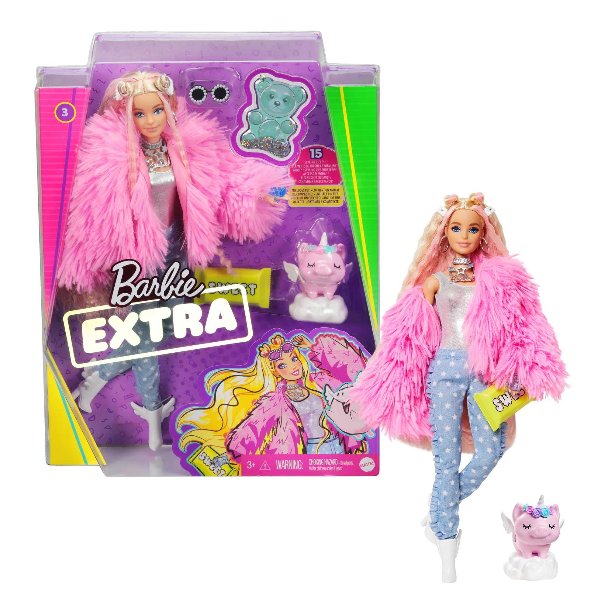 Barbie Doll and Accessories, Barbie Extra Fashion Doll with Crimped Hair and Fluffy Pink Coat, Pet Unicorn-Pig, GRN28