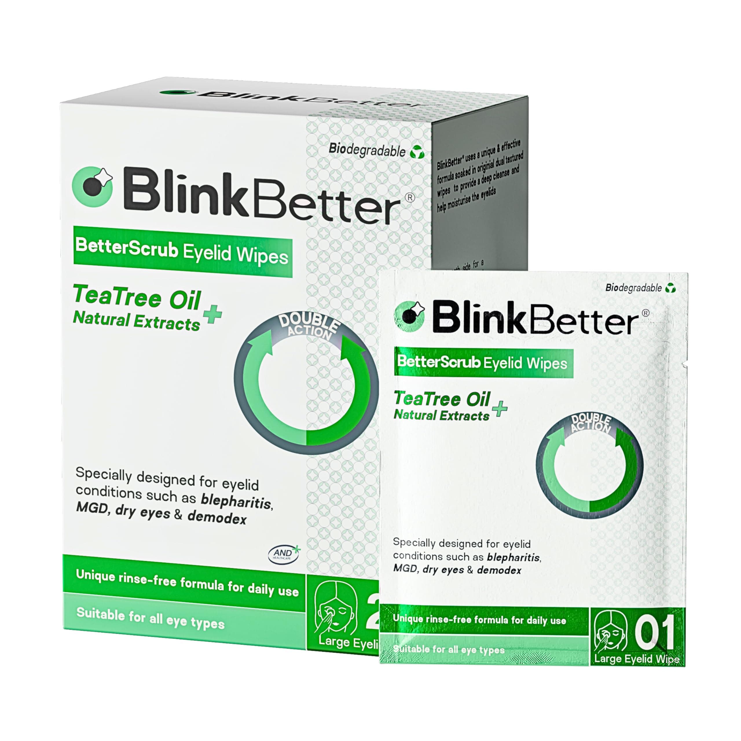BlinkBetter Tea Tree Oil Eyelid Wipes- Natural Blepharitis, MGD & Dry Eye Relief Wipes | Cleansing, Soothing, Dual-Textured, Triple Moisture Formula | Biodegradable & Gentle - 20 Wipes
