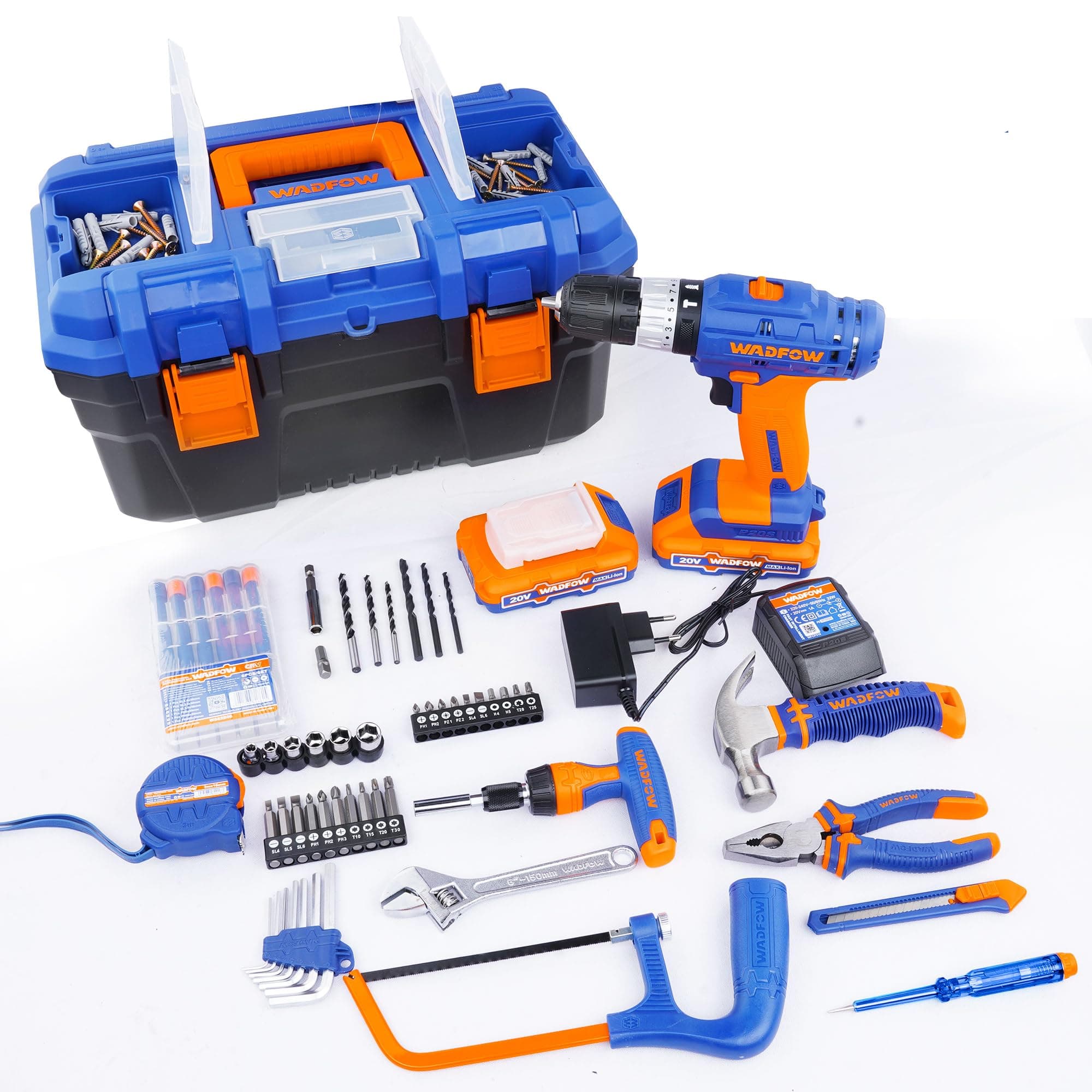 WADFOW - Cordless Impact Driver 20V 10mm Variable Speed with 115 Pieces, Multitool Kit, 2 Batteries, 1 Charger, 119 Piece Tool Kit with Drilling Machine