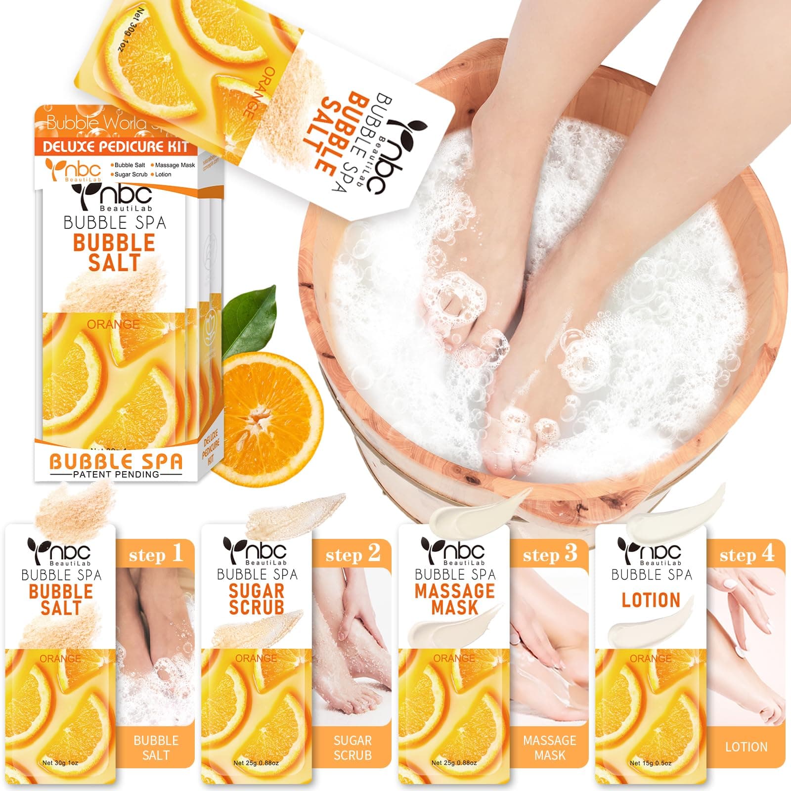 Pedicure Kit Foot Soak Set: Bubble Salt, Sugar Scrub, Massage Mask, Massage Lotion in a Box, 4 Step Foot Spa Kit for Dry Feet, Softens Calluses and Tired Feet(1 Set Orange)