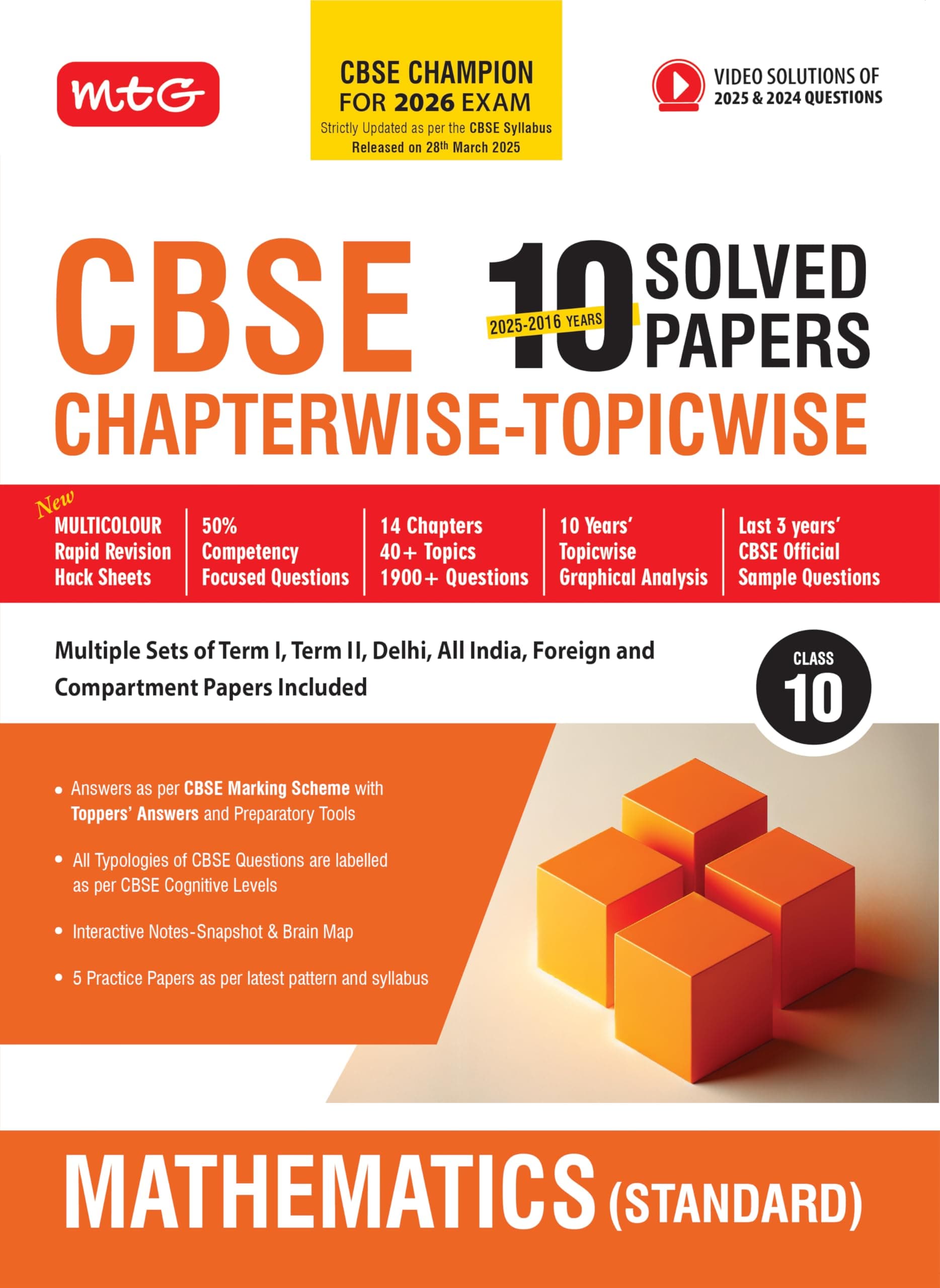 MTG CBSE 10 Years (2025-2016) Chapterwise Topicwise Solved Papers Class 10 Mathematics Standard - CBSE Champion For 2026 Exam | Free Video Solution of PYQs | CBSE Sample Papers (As Per Latest Pattern)
