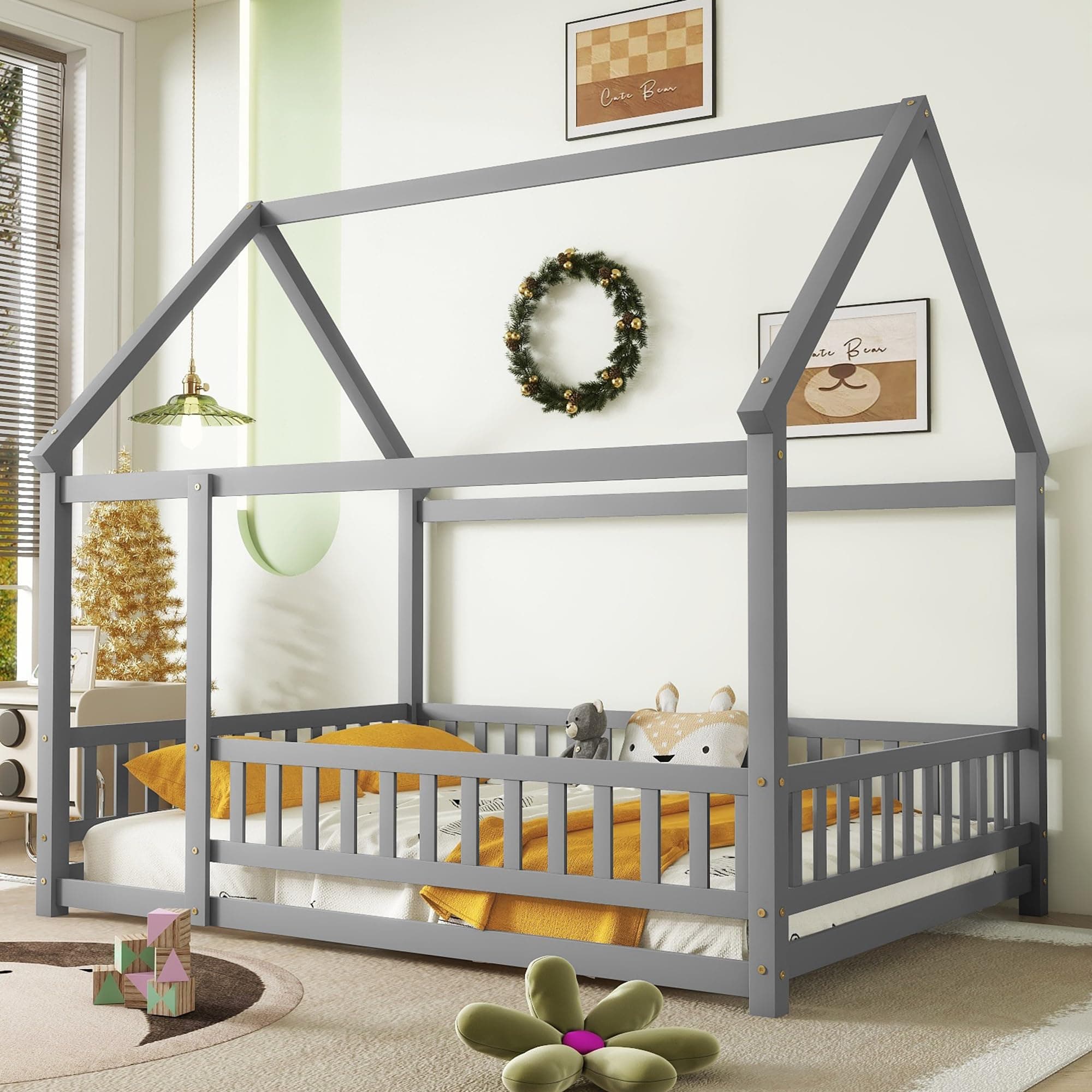 Twin Size House Floor Bed Wooden Montessori Bed with Fence and Roof for Kids Playhouse Style Bed Frame for Girls Boys Teens, Gray