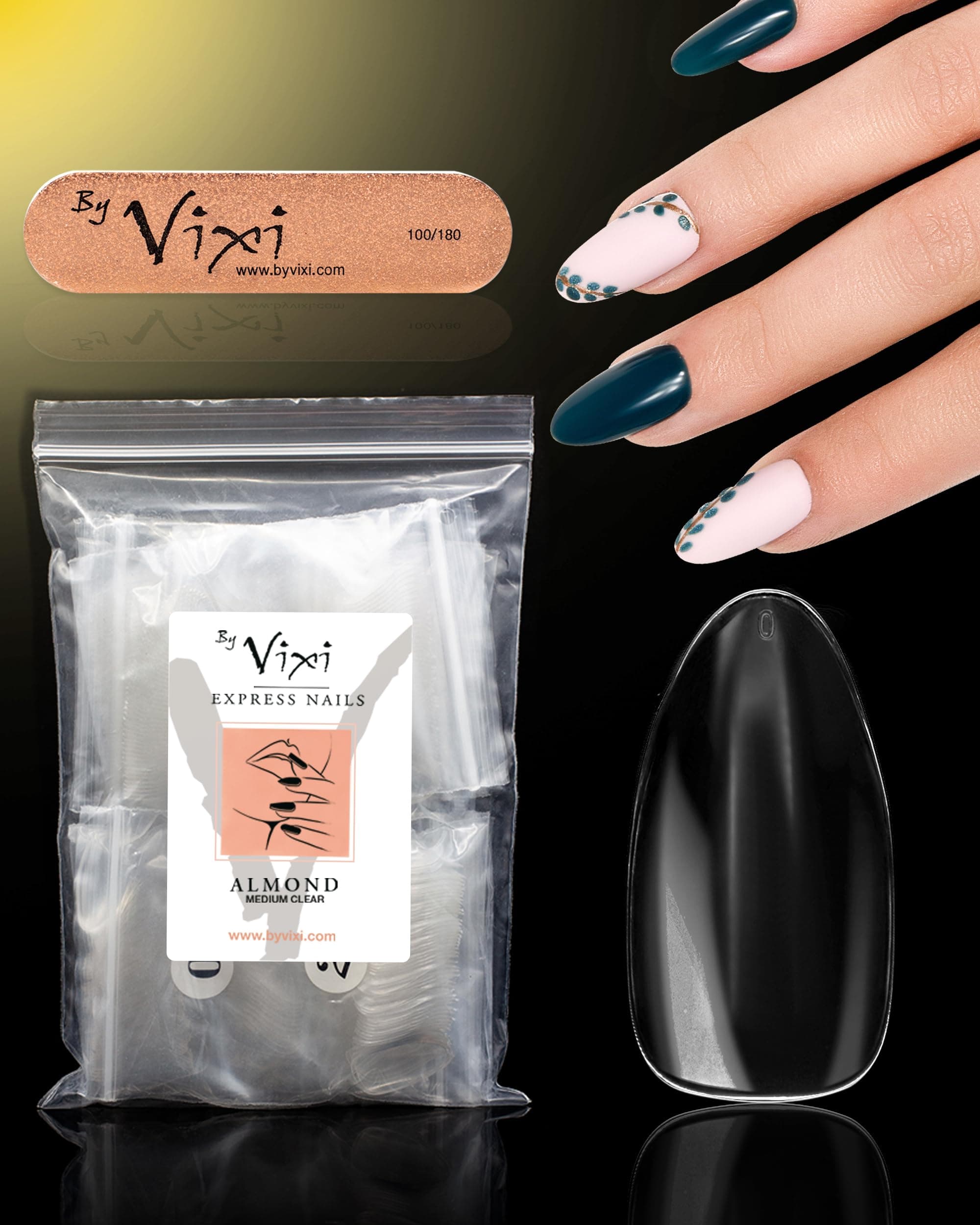 600 Medium Almond Press On Nails Set with By Vixi Prep File – Clear Full Cover False Nails, Stick On Fake Nail Tips 10 Sizes, Acrylic Nail Extensions for Gel Polish & Nail Art