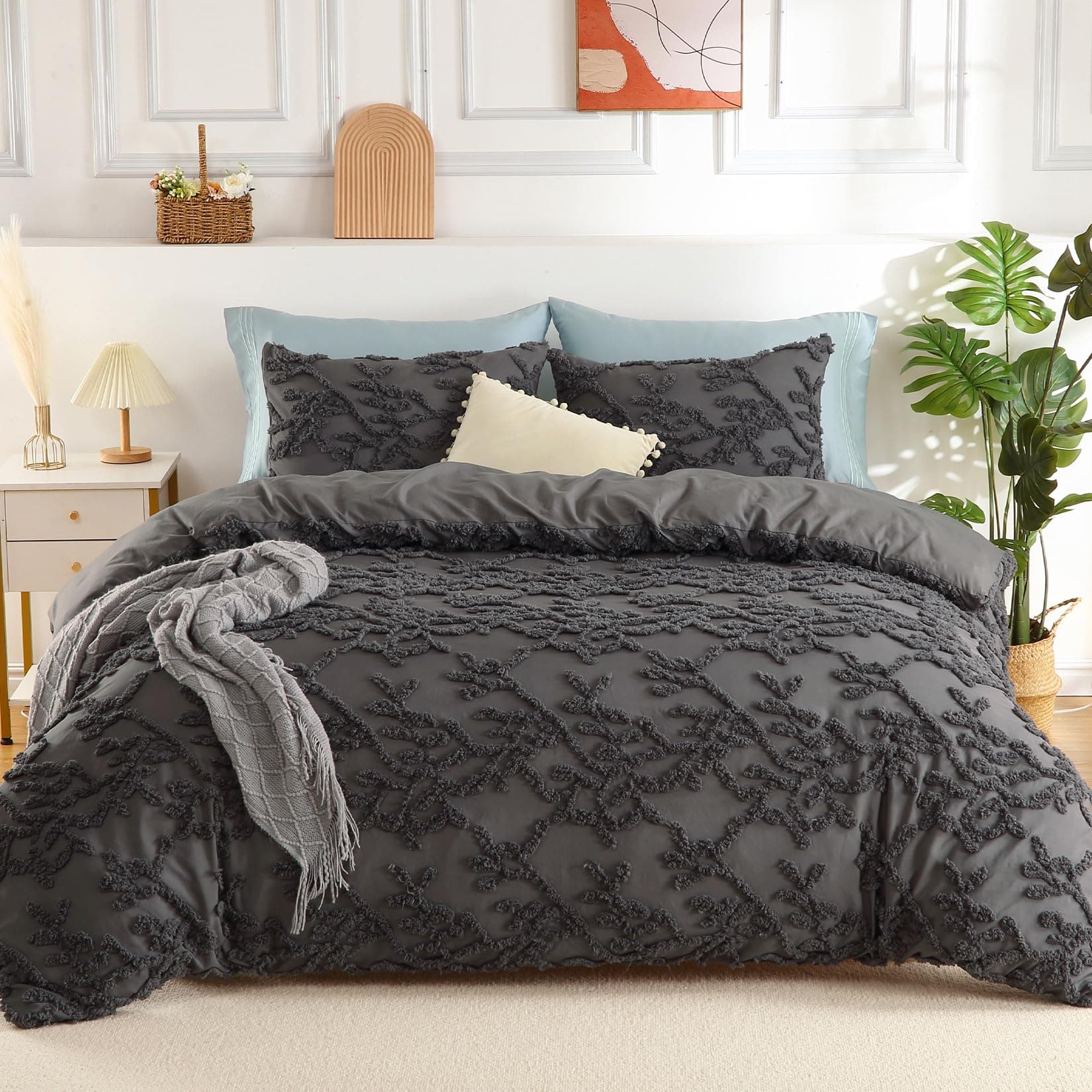 CAROMIO Grey Duvet Cover King Size - Tufted King Duvet Cover, 3PCS Branches Embroidery Shabby Chic Textured Bedding Set with Zipper Closure(Grey,104"x90")