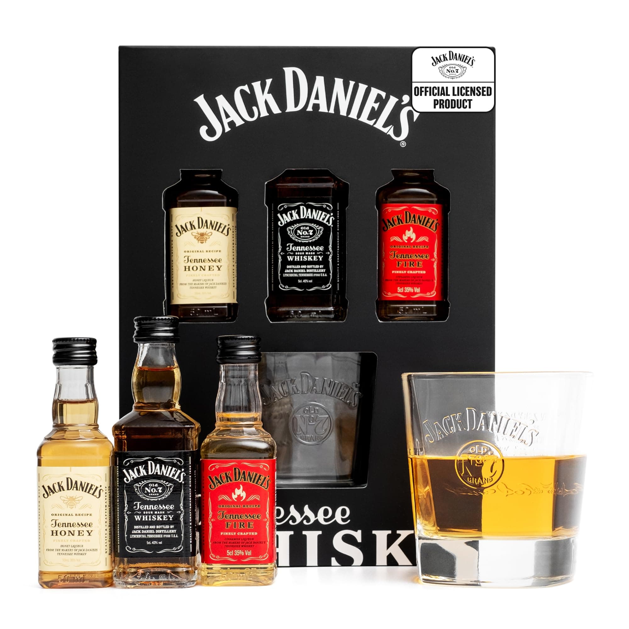 Jack Daniels Gift Set - Honey, Fire, JD Whisky Old No7, 3x 5cl, Mini Alcohol Bottles and JD Tennessee Whiskey Glass - Official Licensed Jack Daniels Gifts for Men, Boyfriend Gifts for Him, Christmas