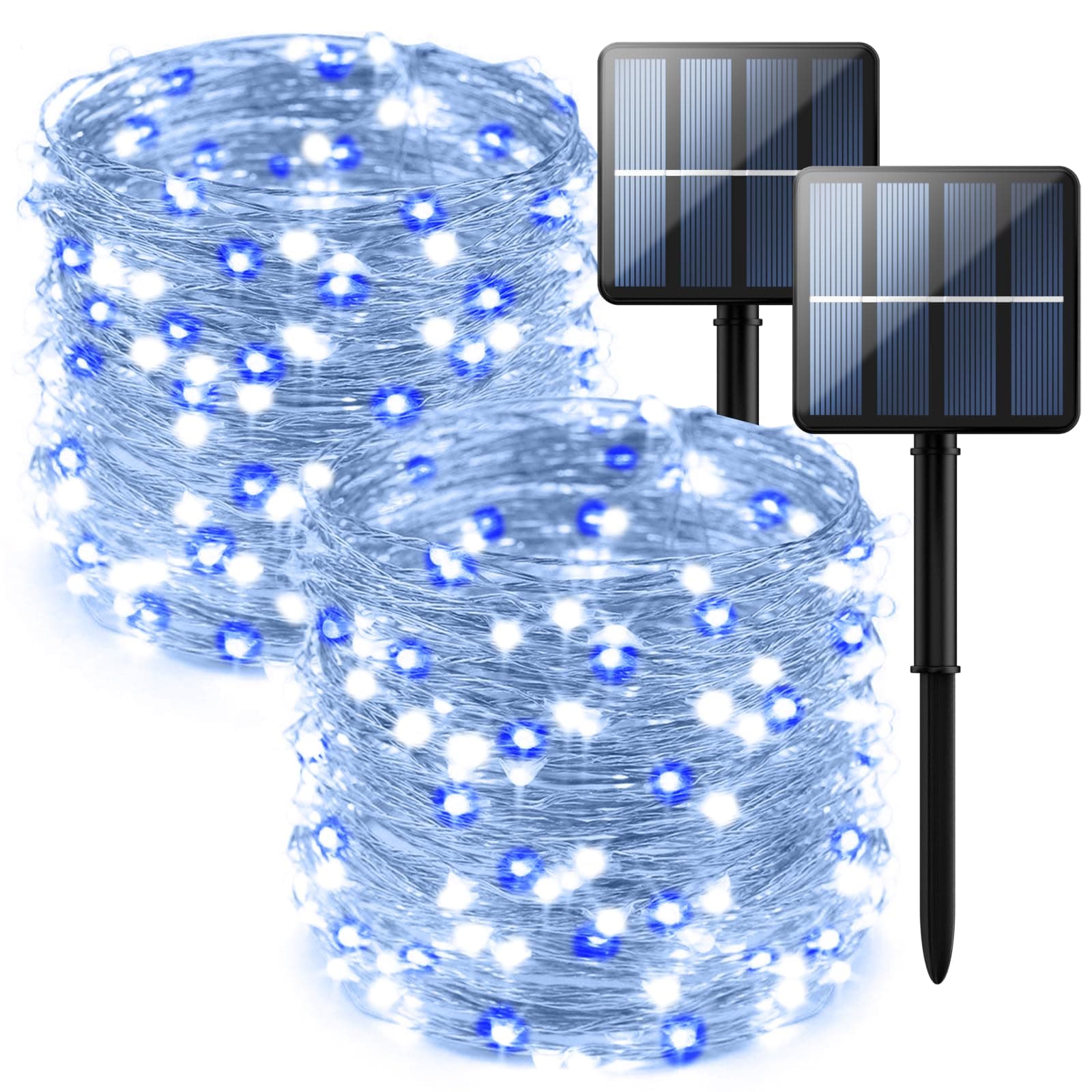 2-Pack 200 LED Solar Fairy Lights Outdoor, Upgraded Oversize Lamp Beads & Super Bright Solar String Lights Outoor, 8 Modes Solar Lights for Garden Patio Decorations（Blue&White）