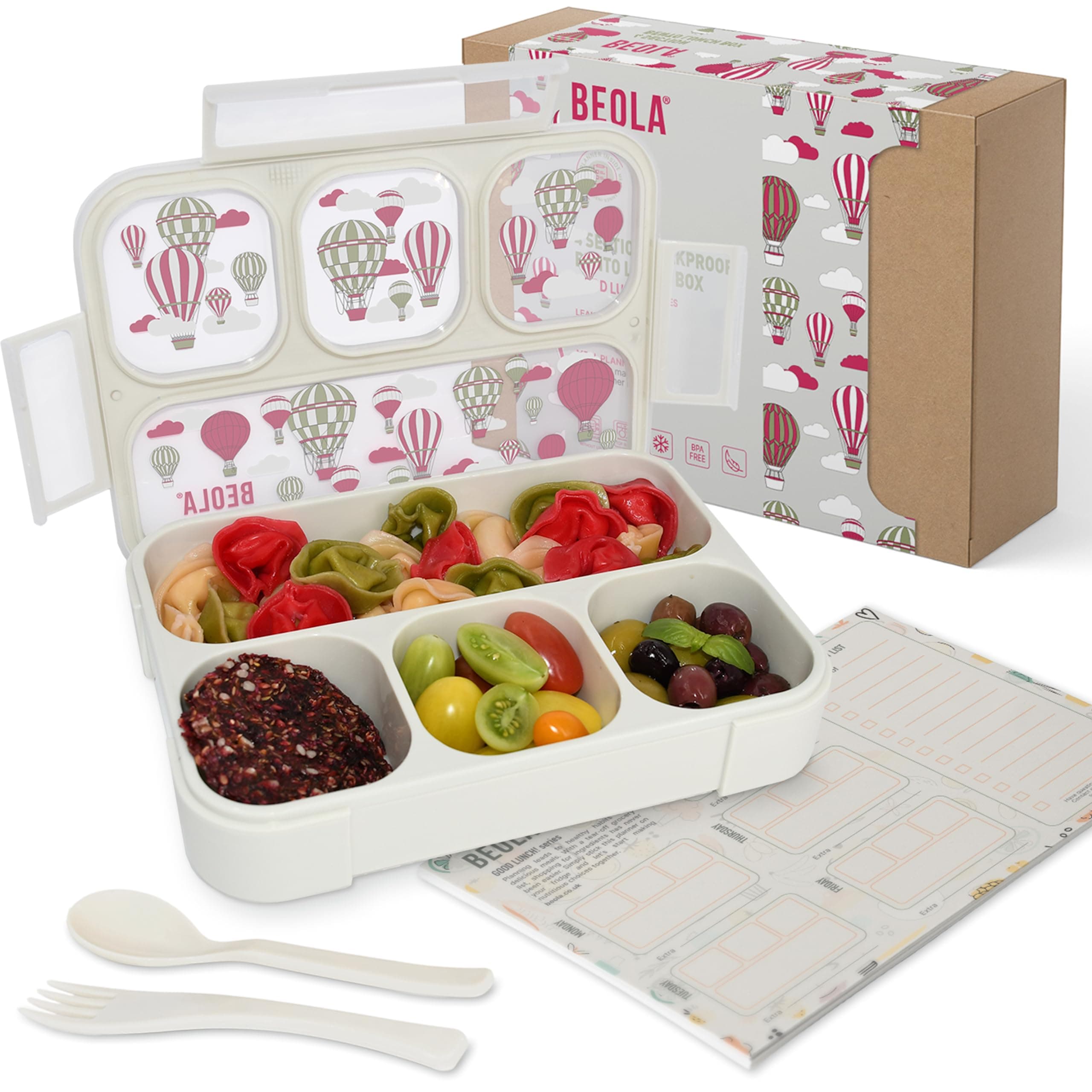 BEOLA Lunch Box for Kids Adults, Multi Compartment Lunch Bento with Magnetic Meal Planner, 3 or 4 Compartment Snack Box, BPA free, with Cutlery Set (4Magic Sky)