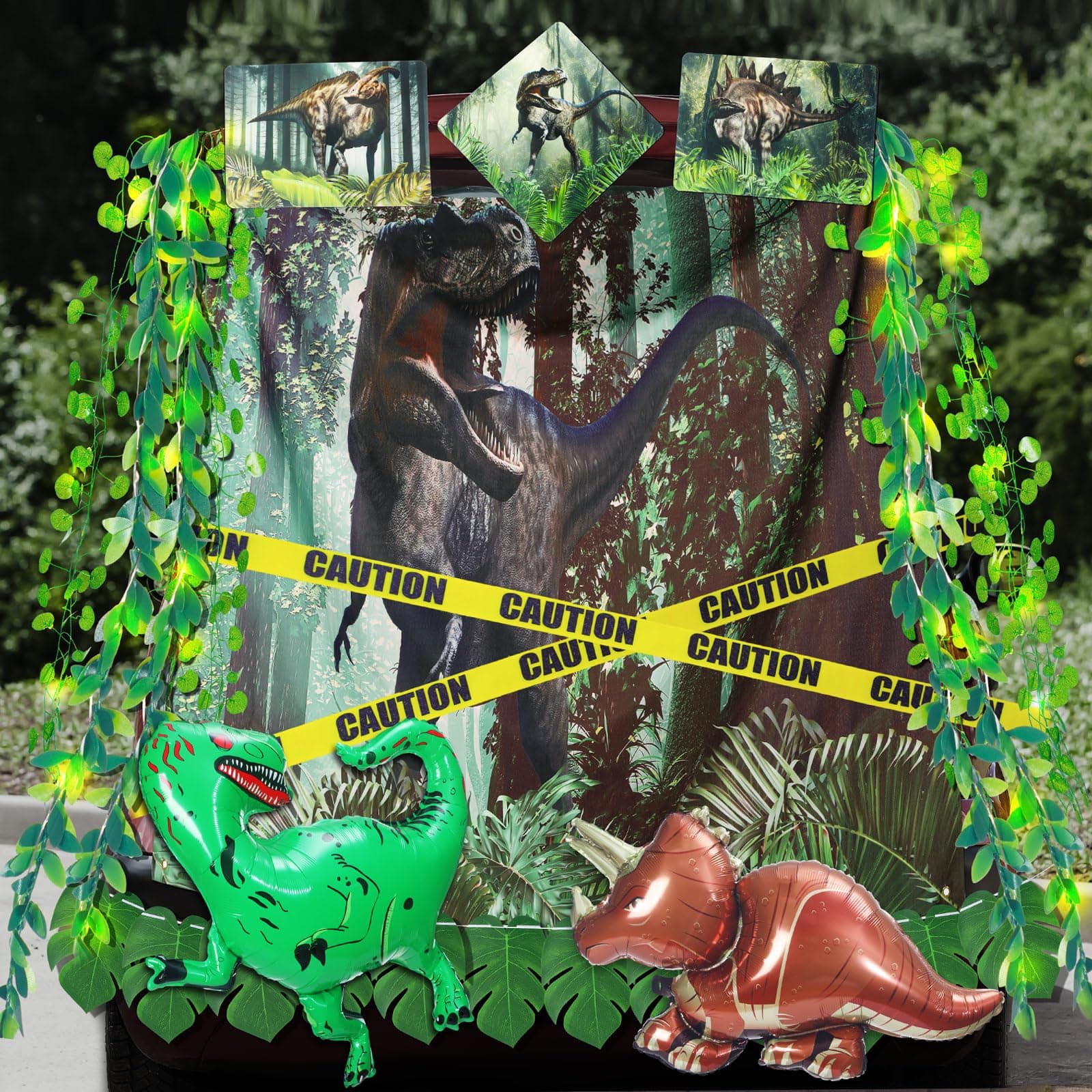 13 Pcs Halloween Trunk or Treat Car Decorations Kit Jungle Dinosaur Theme Car Decoration Dinosaur Background Cloth Balloon and Vine Banner with Light for Archway Entryway Garage Door Decor