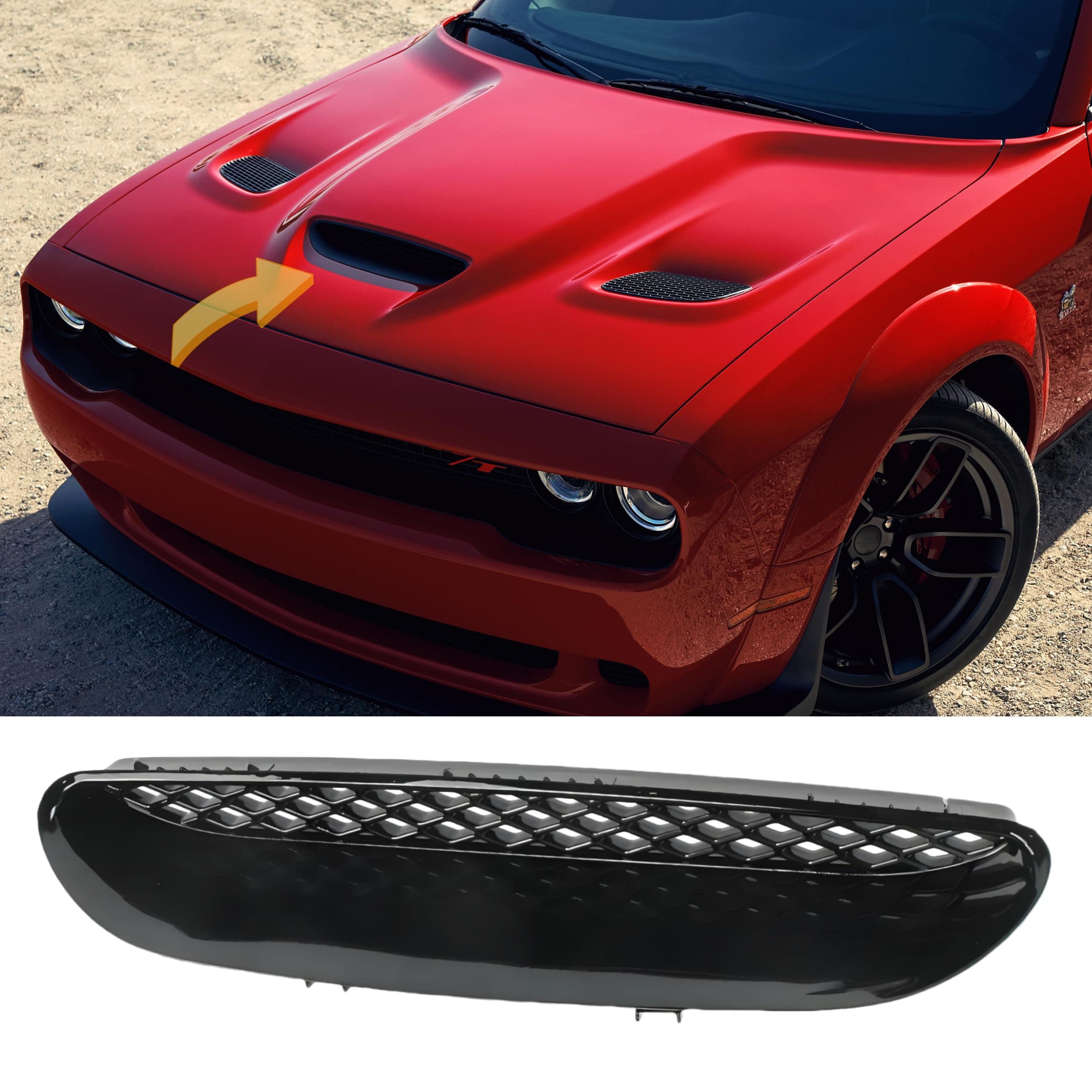 Hood Vent Center Bezel Grill Scoop Fit For 2015-2018 Dodge Challenger SRT HELLCAT & 2019-2023 R/T SCAT PACK 68184348AD 68184348AG 68184348AH,Painted Black Hood Vent Replace Parts Accessories