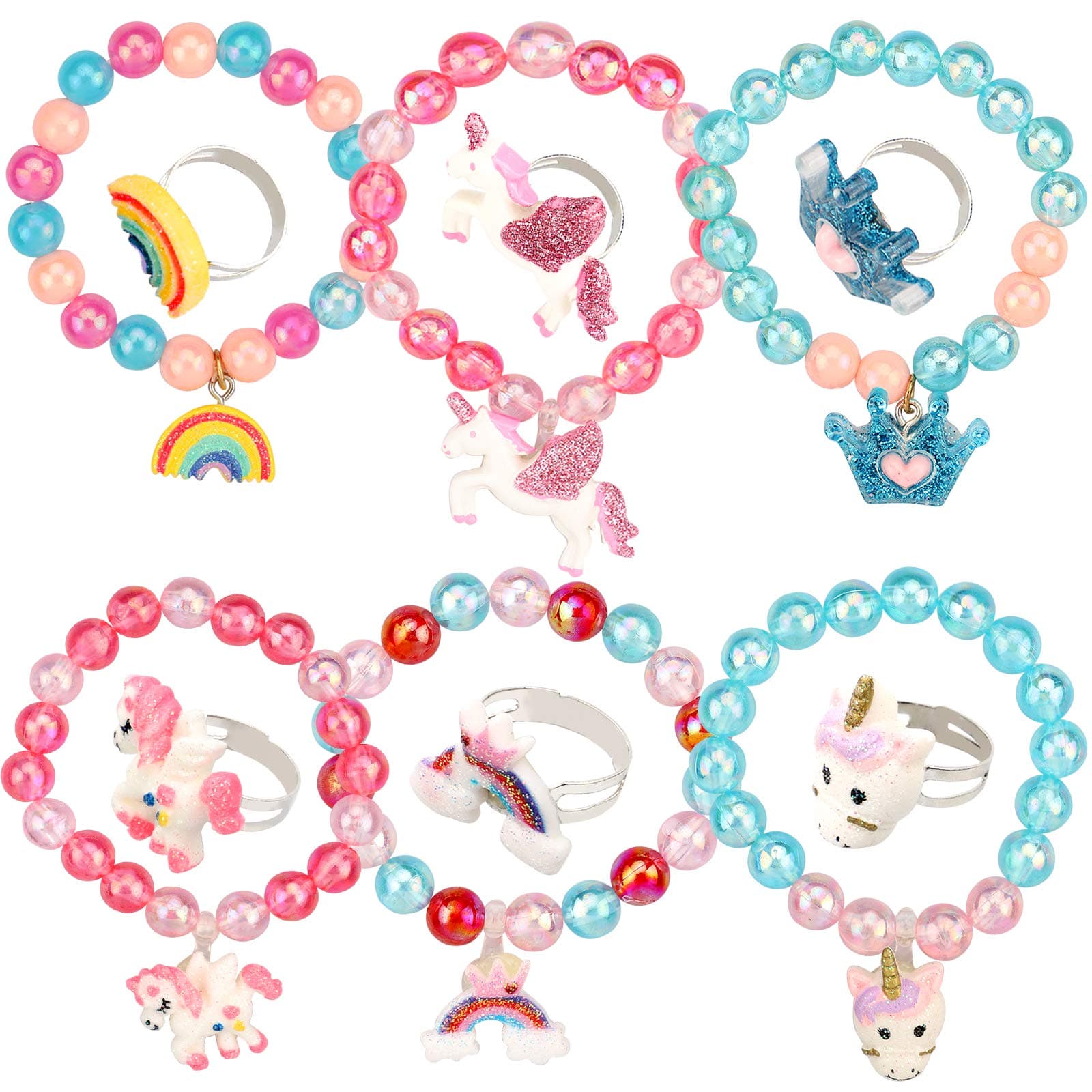 12 Pieces Unicorn Bracelet Ring Set Little Girls Jewelry Set Shiny Rainbow Unicorn Crown Beaded Bracelet with Colorful Adjustable Rings for Toddler Little Girl Play Party Favors