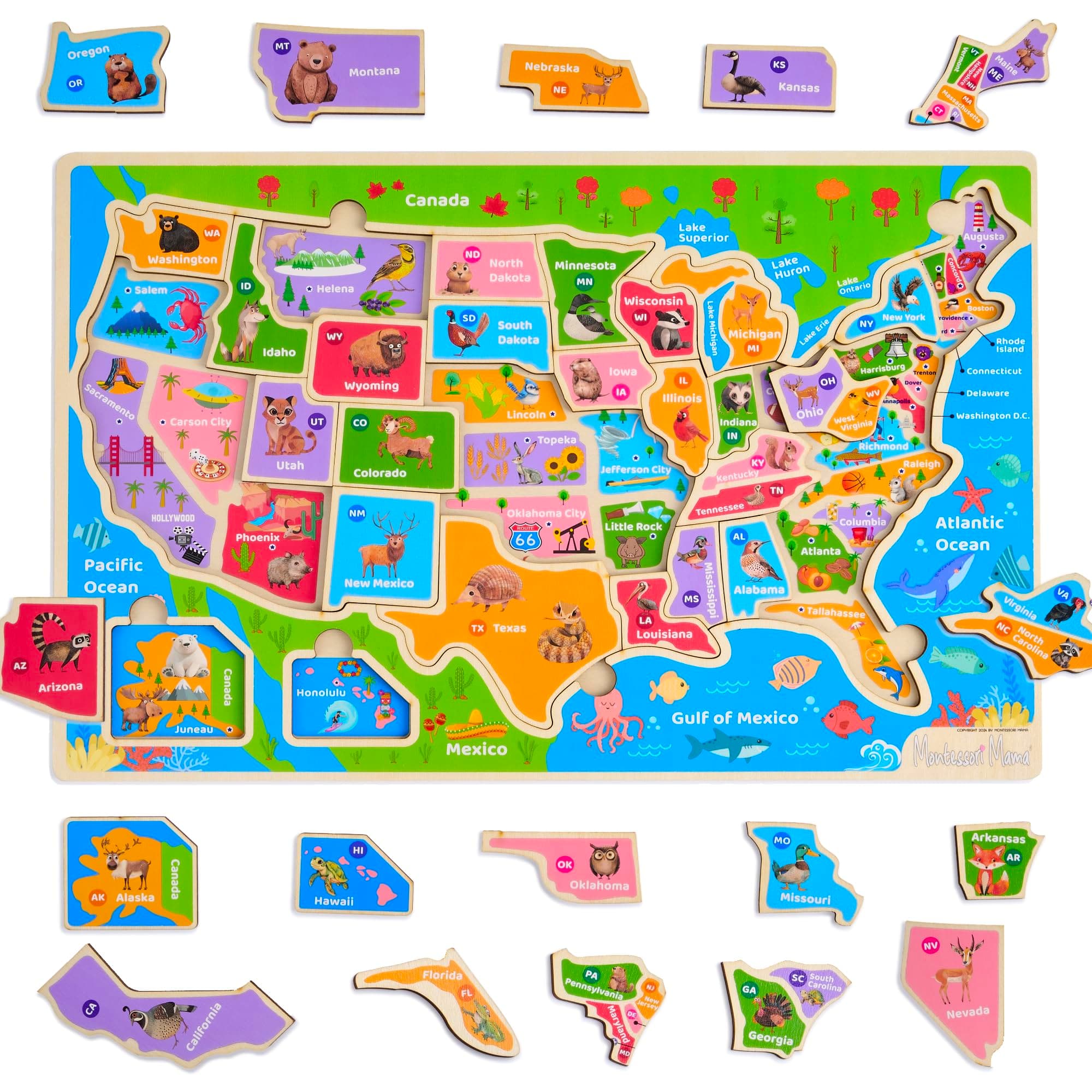 Montessori Mama USA Map Wooden Puzzle, Puzzles for Kids Ages 4-6 Educational Toys for 4 Year Old Kids Puzzles Ages 5-8 Landmarks, Animals, Capitols and States