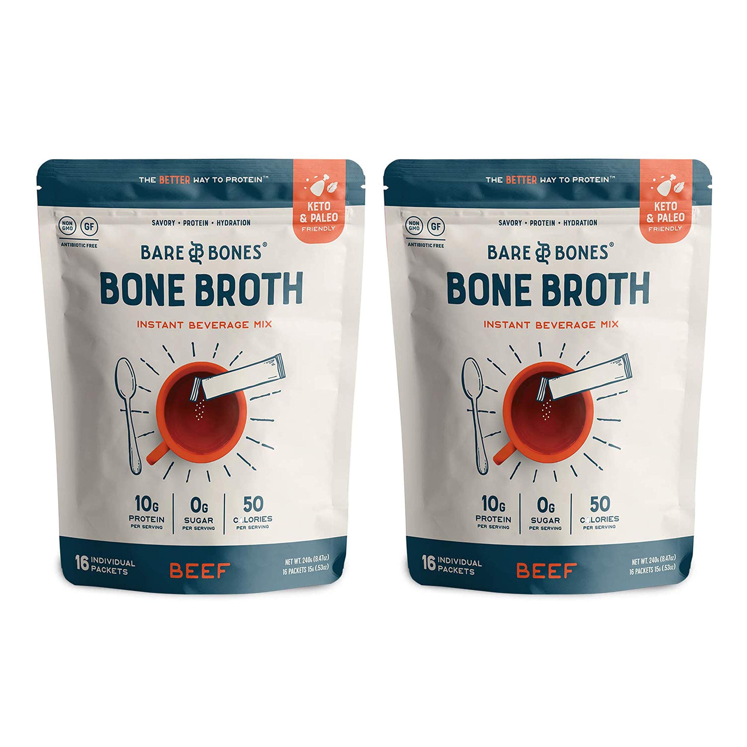 Beef Bone Broth Instant Powdered Mix | Rich Savory Packets on-the-Go No Artificial Flavors | 100% Grass Fed Keto & Paleo Friendly | Sticks 10g Protein | 32 Pack