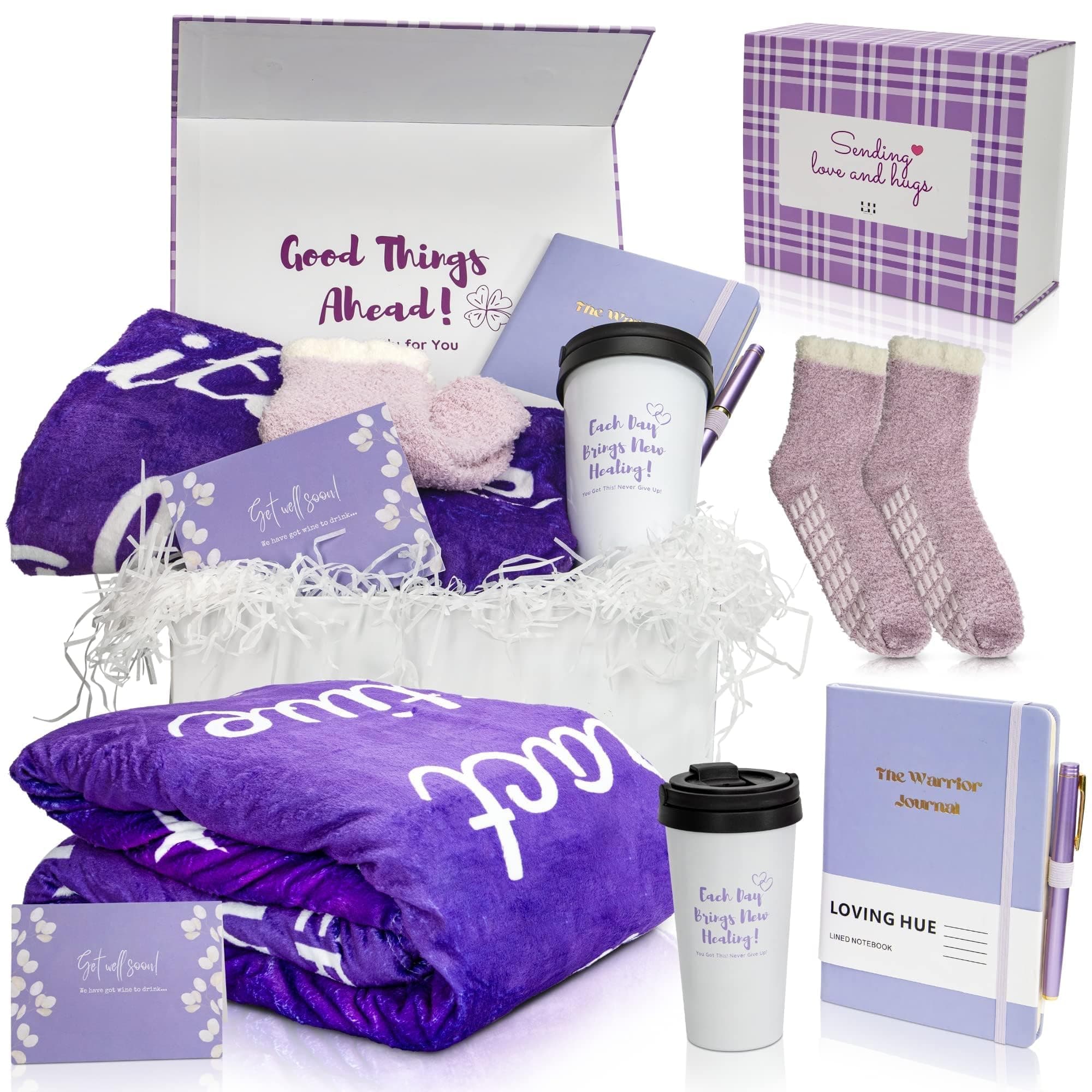 Chemo Care Package, Cancer Care Gifts for Women with Blanket, Socks, Journal, Tumbler (Purple)
