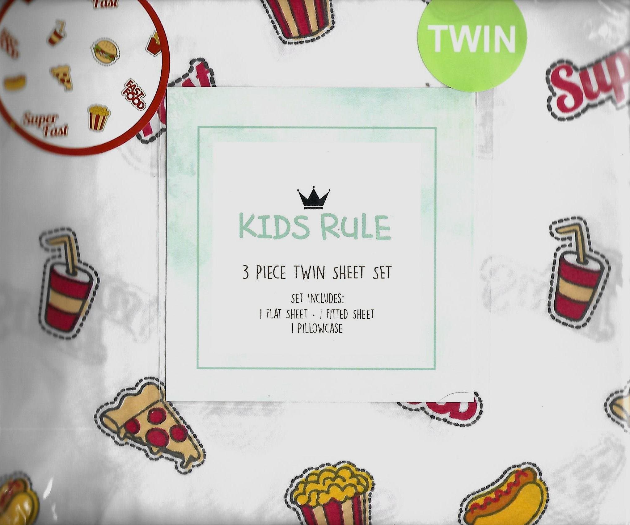 Fast Food Red White 3 Piece Twin Sheet Set Super Fast French Fries, Shake, Pizza, Hotdog, Hamburger, Popcorn.