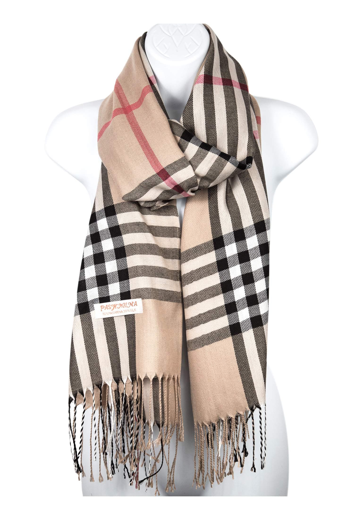 Pashmina Silk Scarf Plaid Checker Pattern Long Soft Shawl Wrap Cape (Beige)