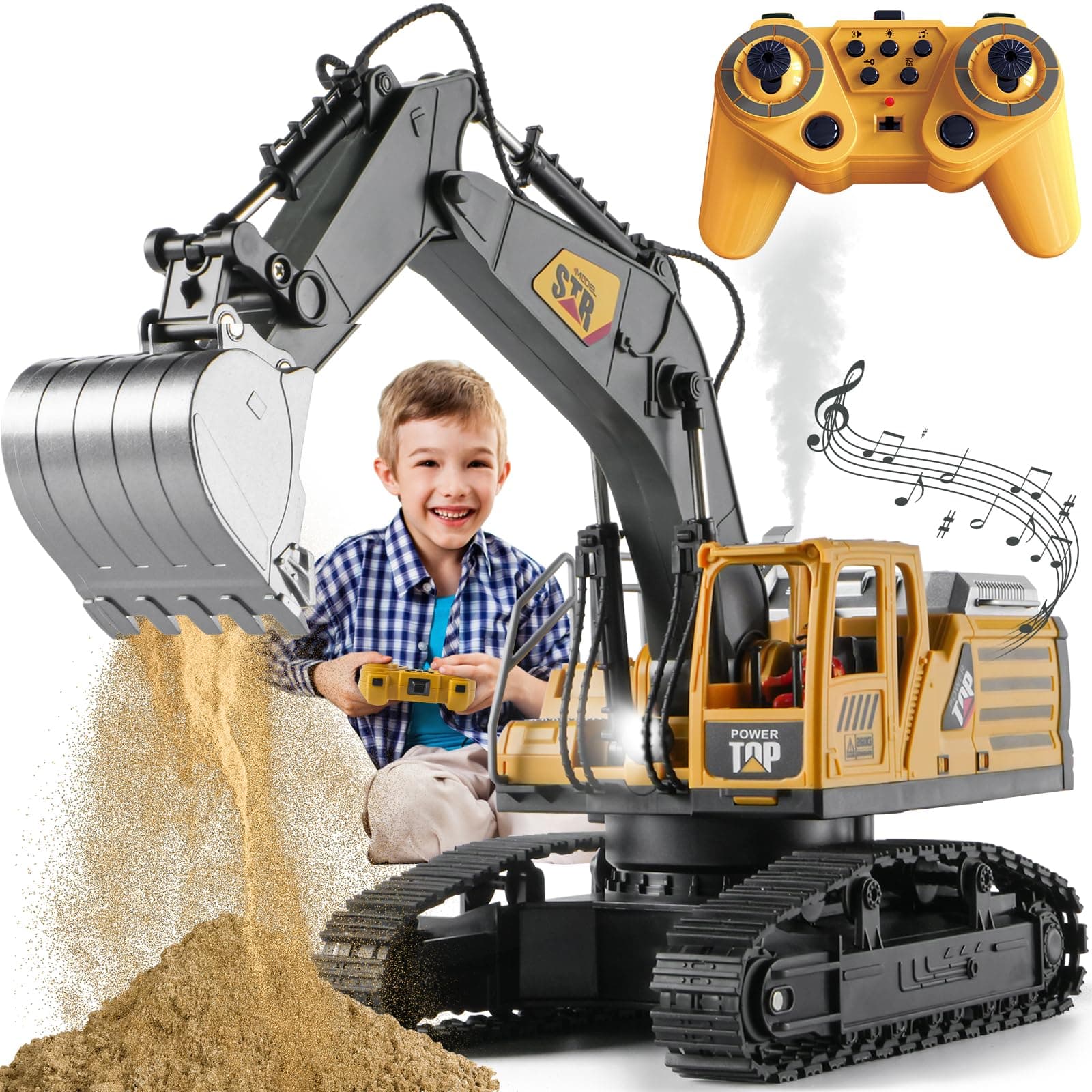 1:14 Remote Control Excavator Toys for Boys,14 Channel RC Digger Construction Toys Tractor,Simulated Smoke, Sound, Lighting, Metal Digging Head, for Boys 6 7 8 9 10 11 12