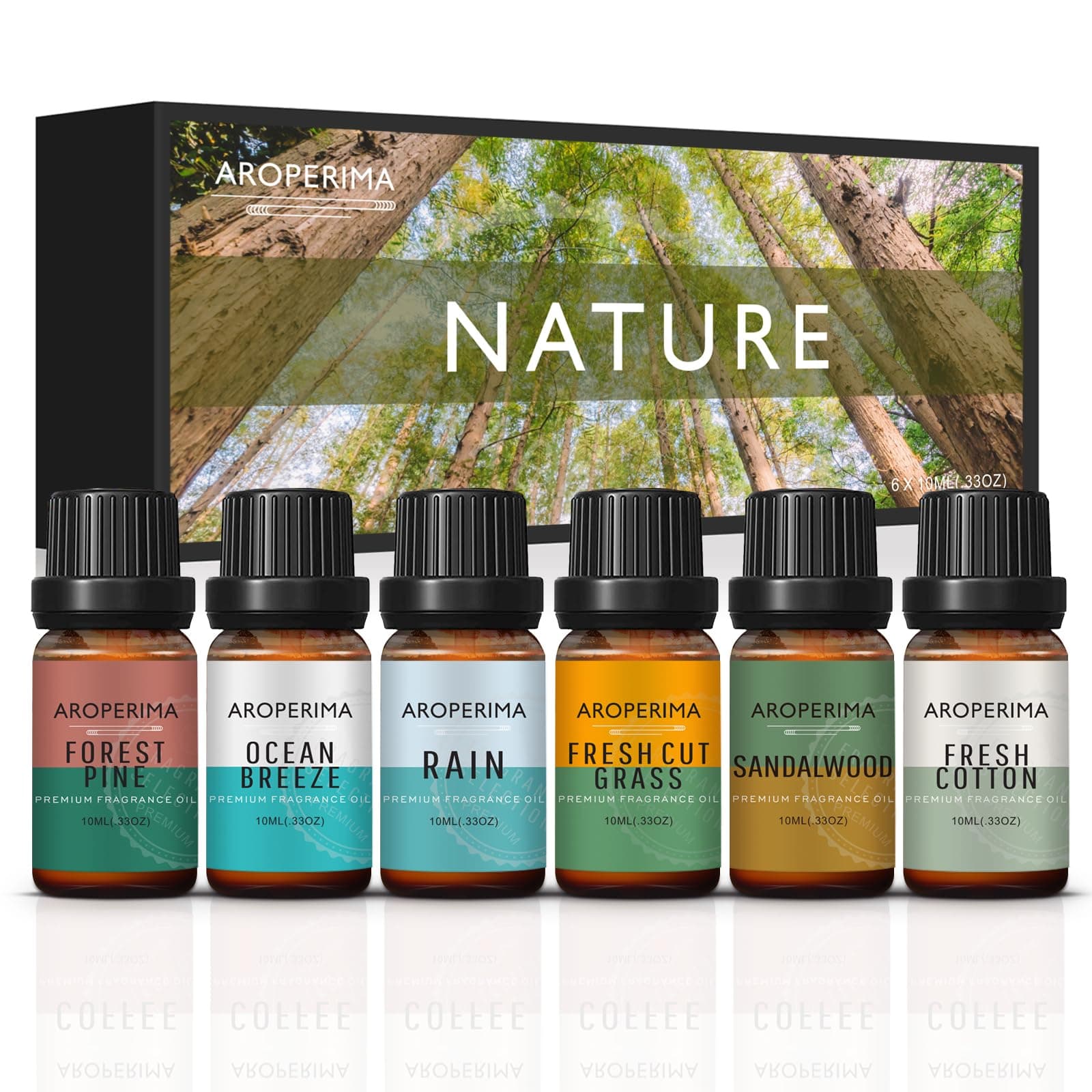 Nature Fragrance Essential Oil Set - Ocean Breeze, Forest Pine, Rain, Fresh Cut Grass, Sandalwood, Fresh Cotton 6x10ML for Diffusers, Aromatherapy, Massage, Perfume, Soap Making and Candle