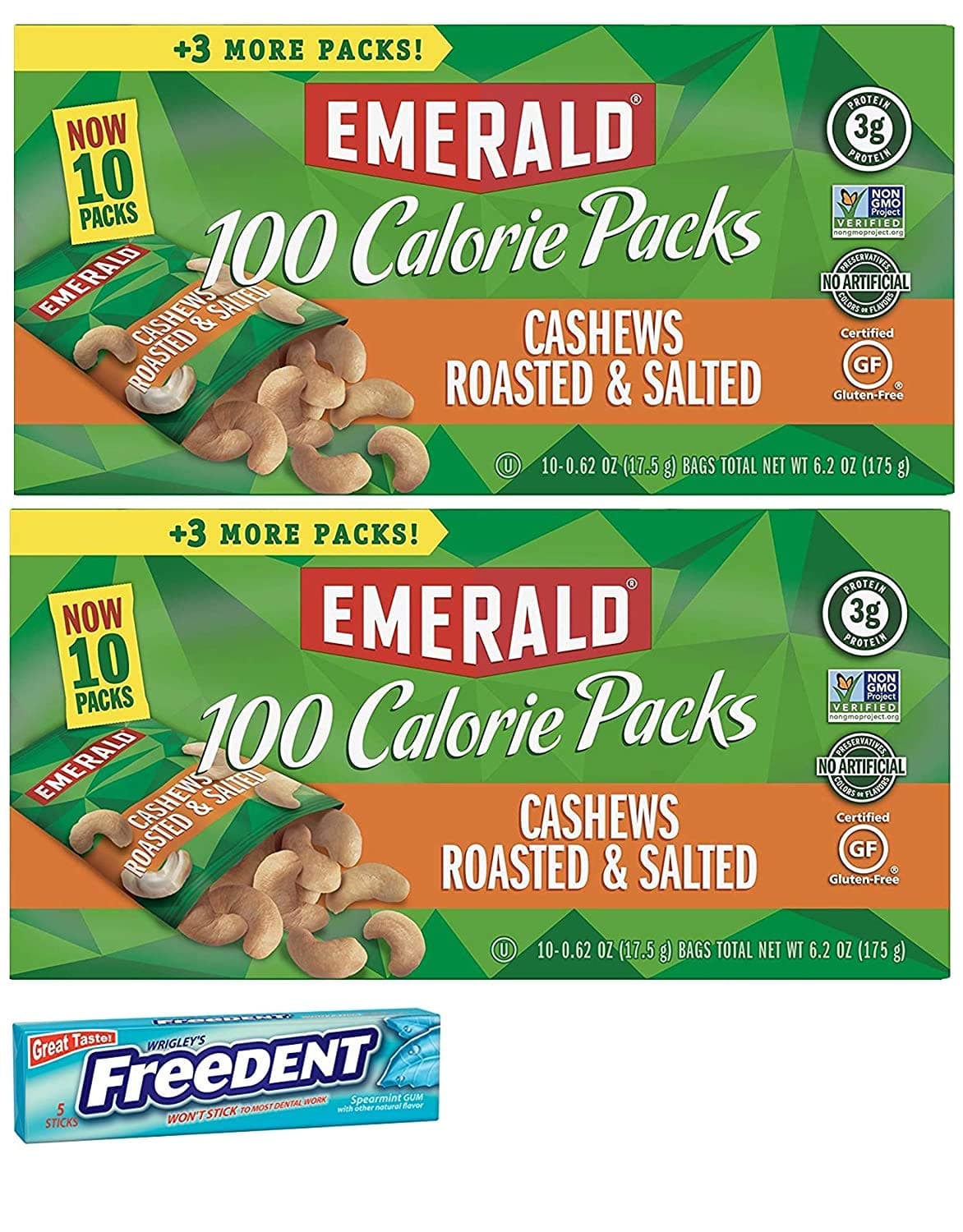 EmeraldEmerald Cashews Roasted and Salted 100 Calorie Packs. Healthy, Low Carb Protein Snacks. Includes 2 Boxes Plus a 5 Pack Gum Sample.