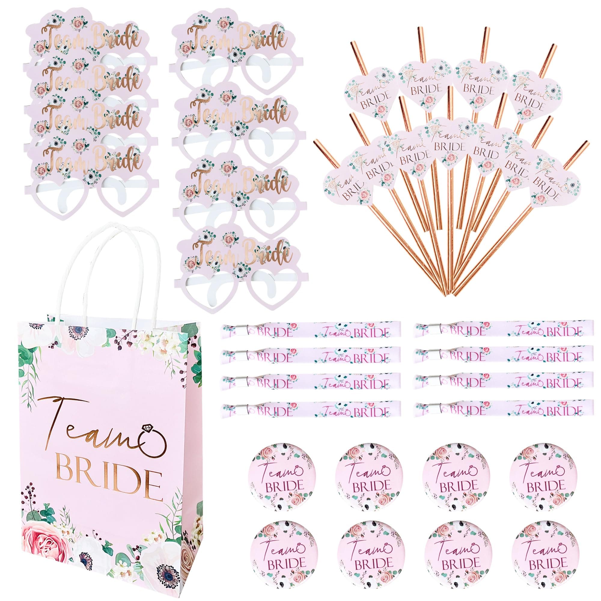 Hen Party Goody Bag Set (For 16 Hens) - Floral Design with Rose Gold Foil Team Bride Text - Bags, Badges, Wristbands, Glasses, and Straws - Perfect Bags and Wedding Goodie Fillers