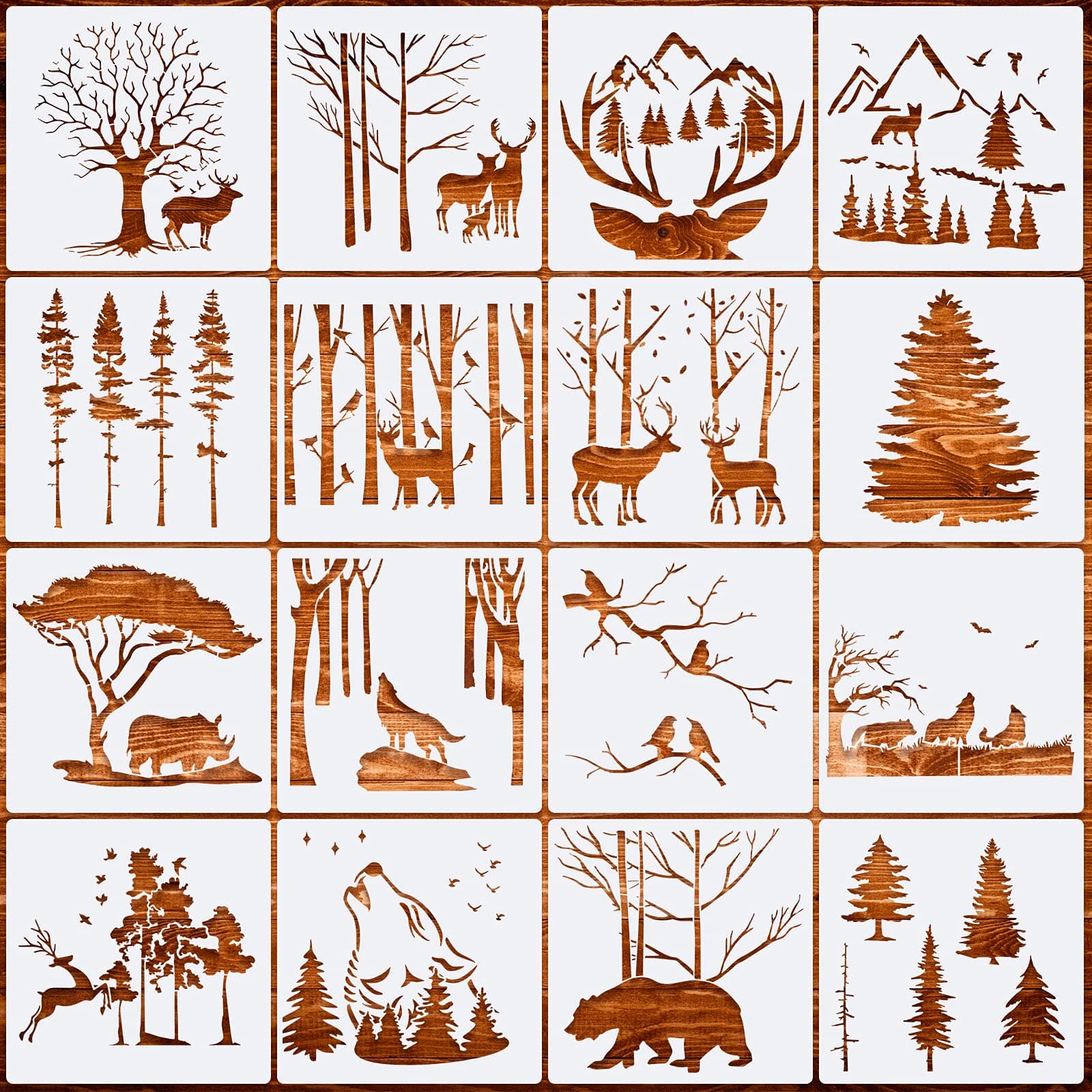 Epakh 16 Pcs Aspen Trees Flowers Stencil Reusable Branches Forest Deer Mountain Animal Stencils Plastic Winter DIY Craft Drawing Supplies(7.87 x 7.87 Inches,Fresh Style)