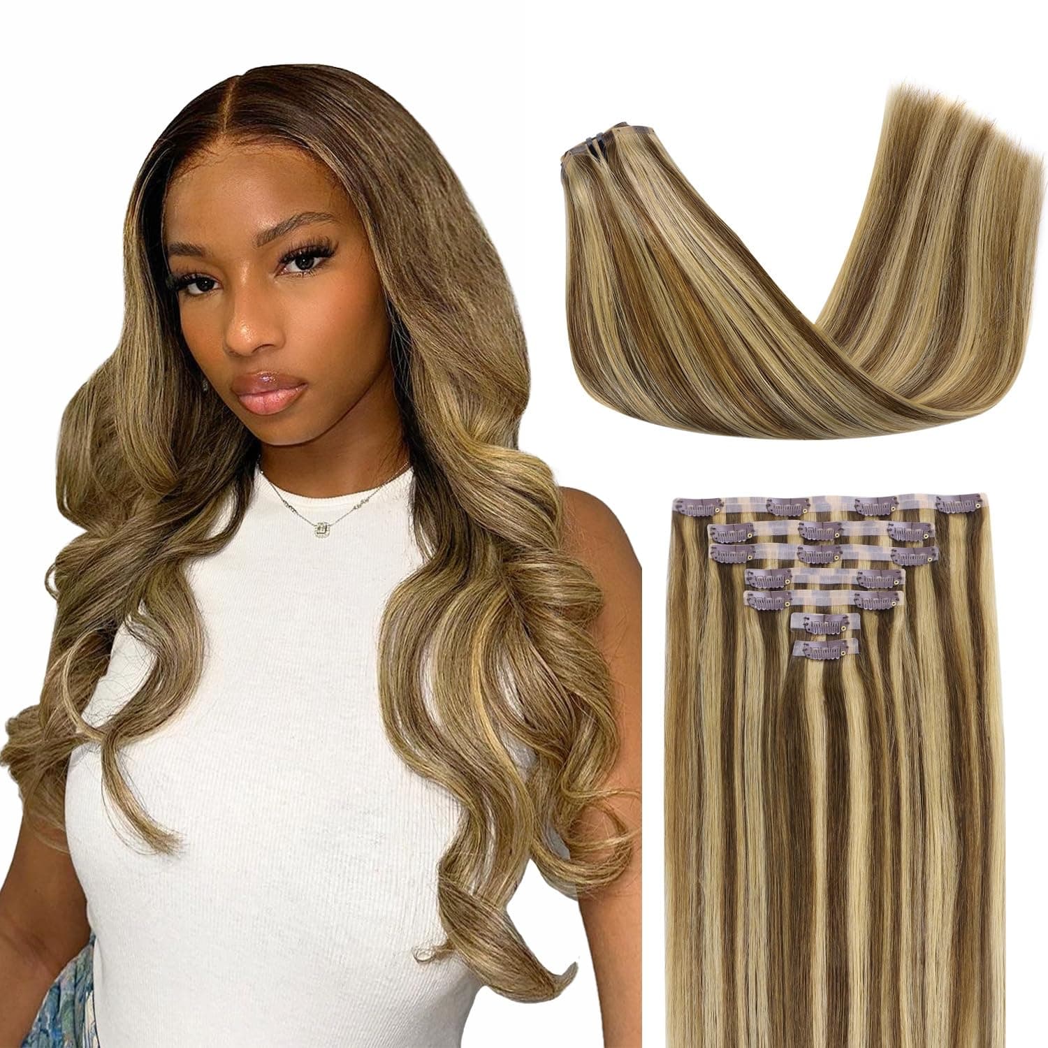 Clip in Hair Extensions With PU Weft 24 Inch 110g 7pcs Balayage Ash Brown to Honey Blonde Seamless Clip in Hair Extensions for Black Women Natural Long Straight Clip in Hair