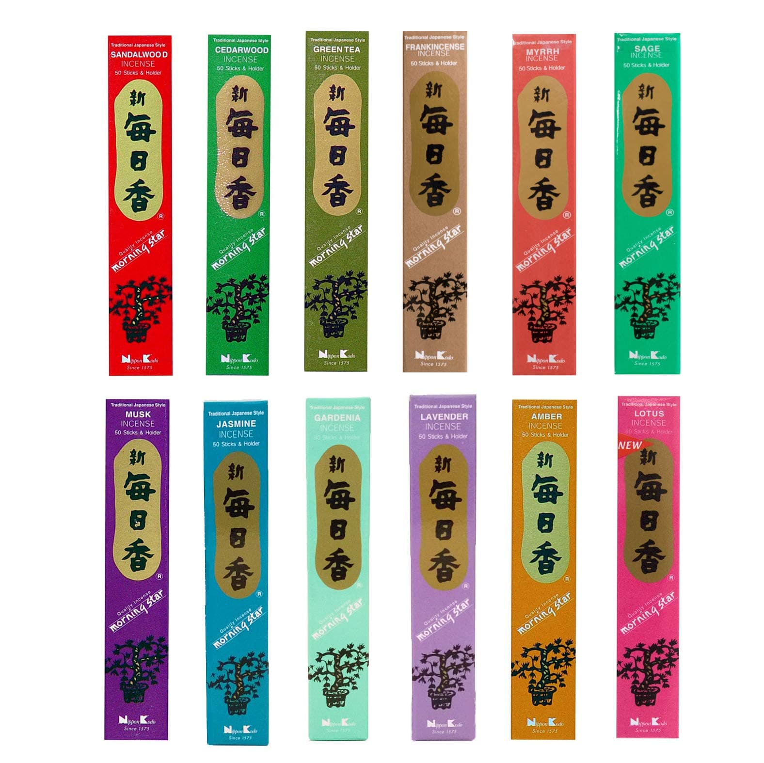 Nippon Kodo Incense - 12 Fragrance Assortment (Total 12x50, 600 Sticks) - Sandalwood, Cedarwood, Green Tea, Frankincense, Myrrh, Sage, Musk, Jasmine, Gardenia, Lavender, Amber, Lotus