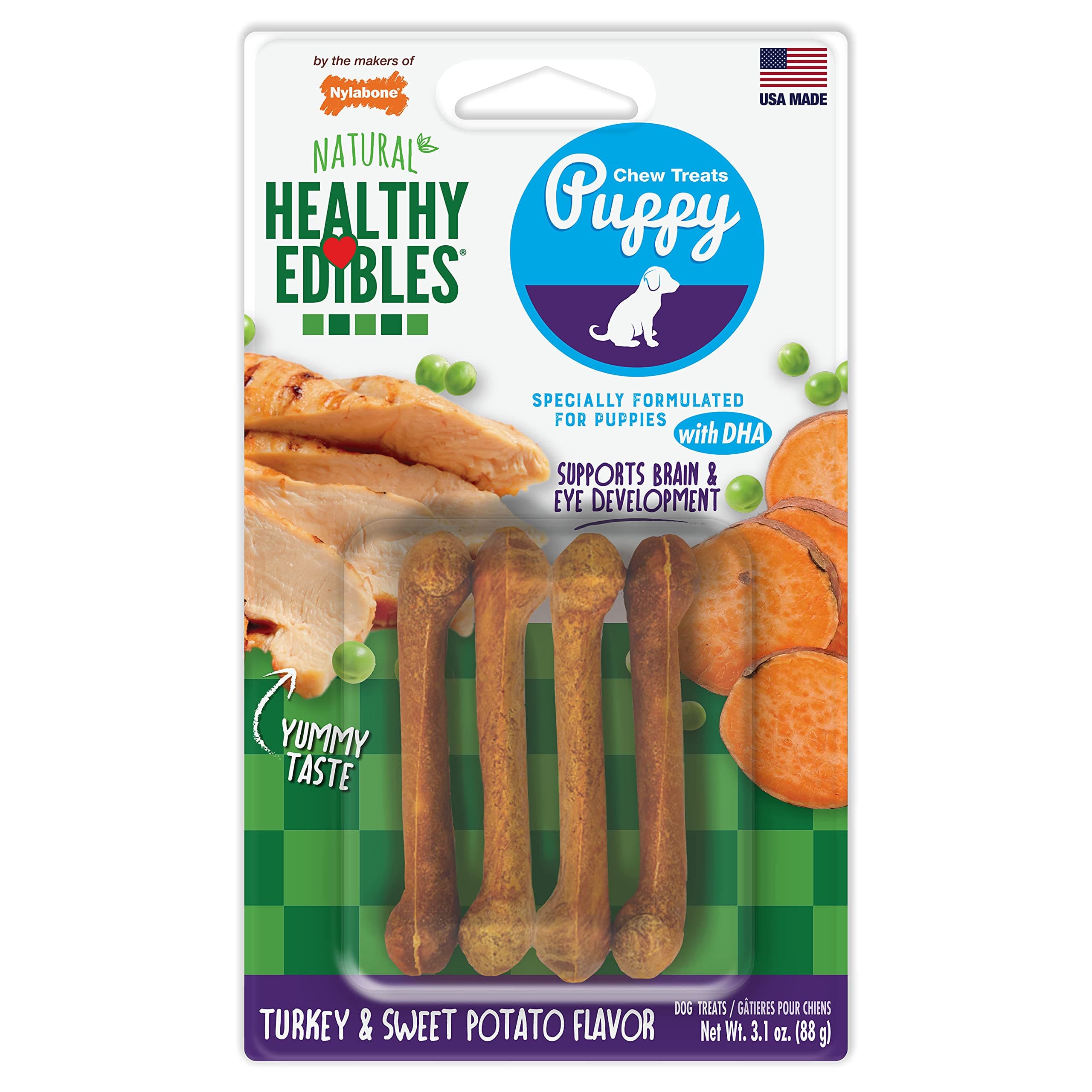 Nylabone Healthy Edibles Puppy Chew Treats, Turkey & Sweet Potato, Petite, 4 Count
