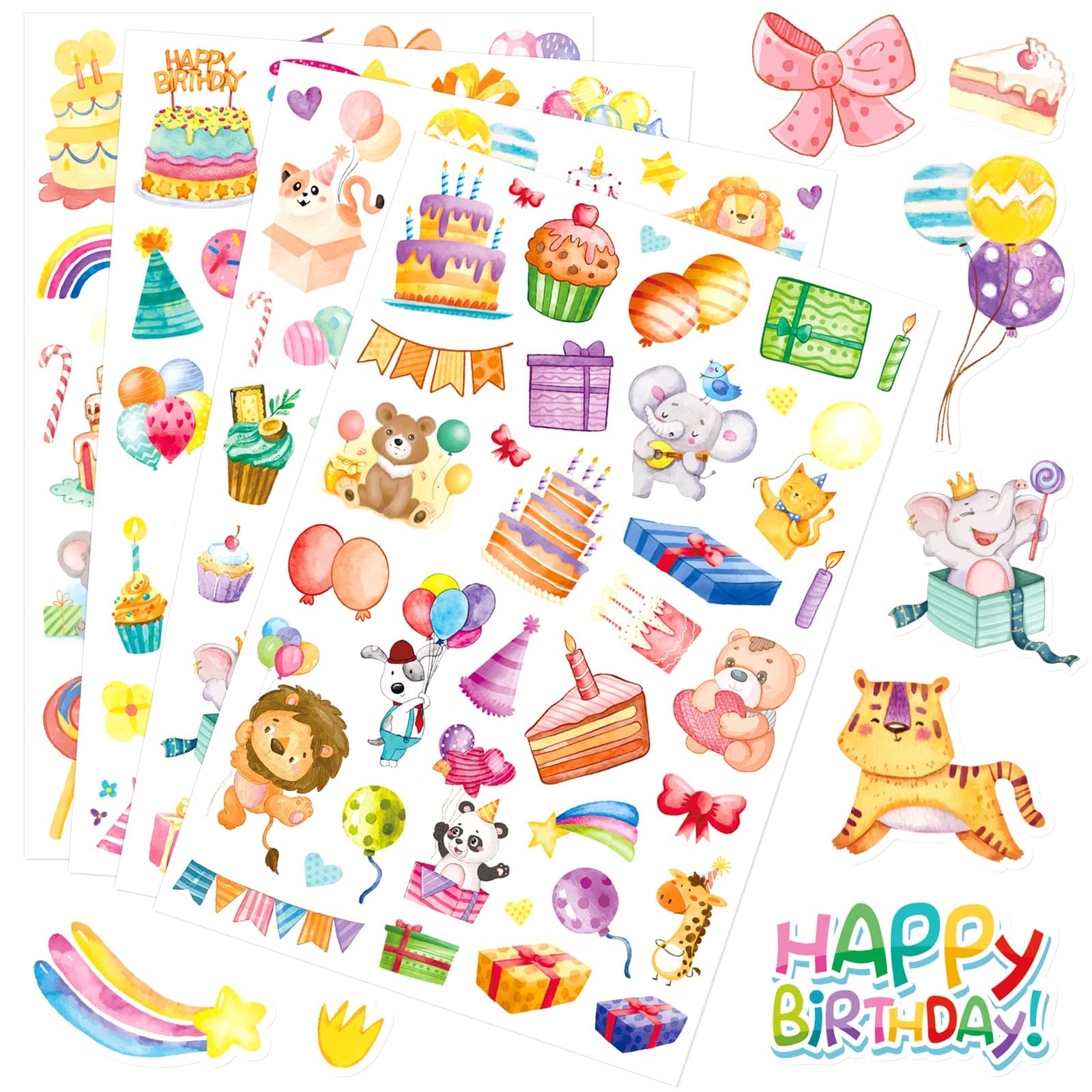 Cute Happy Birthday Animal Adhesive Stickers Watercolor Stickers 640 Count forBirthday Invitetions Envelopies Decorations Party Goodie Gifts Bags Decor School Game Rewards