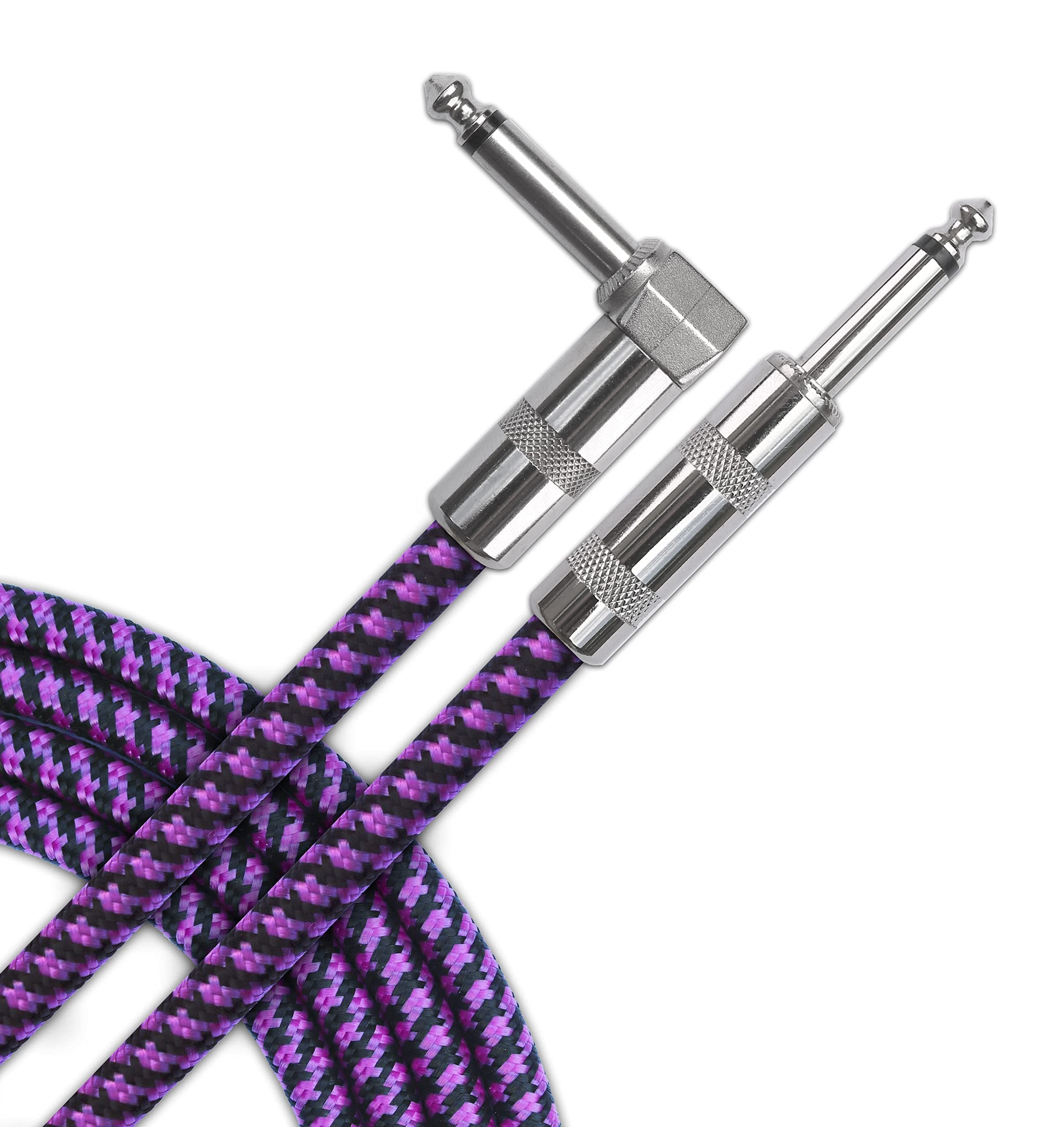 Purple Braided Hand Tested To Ensure Noiseless Electric Guitar Cable 3m (10ft), Straight to Angled 1/4" (6.3mm) L Jack, Professional Instrument Lead for Guitar, Bass, Keyboard