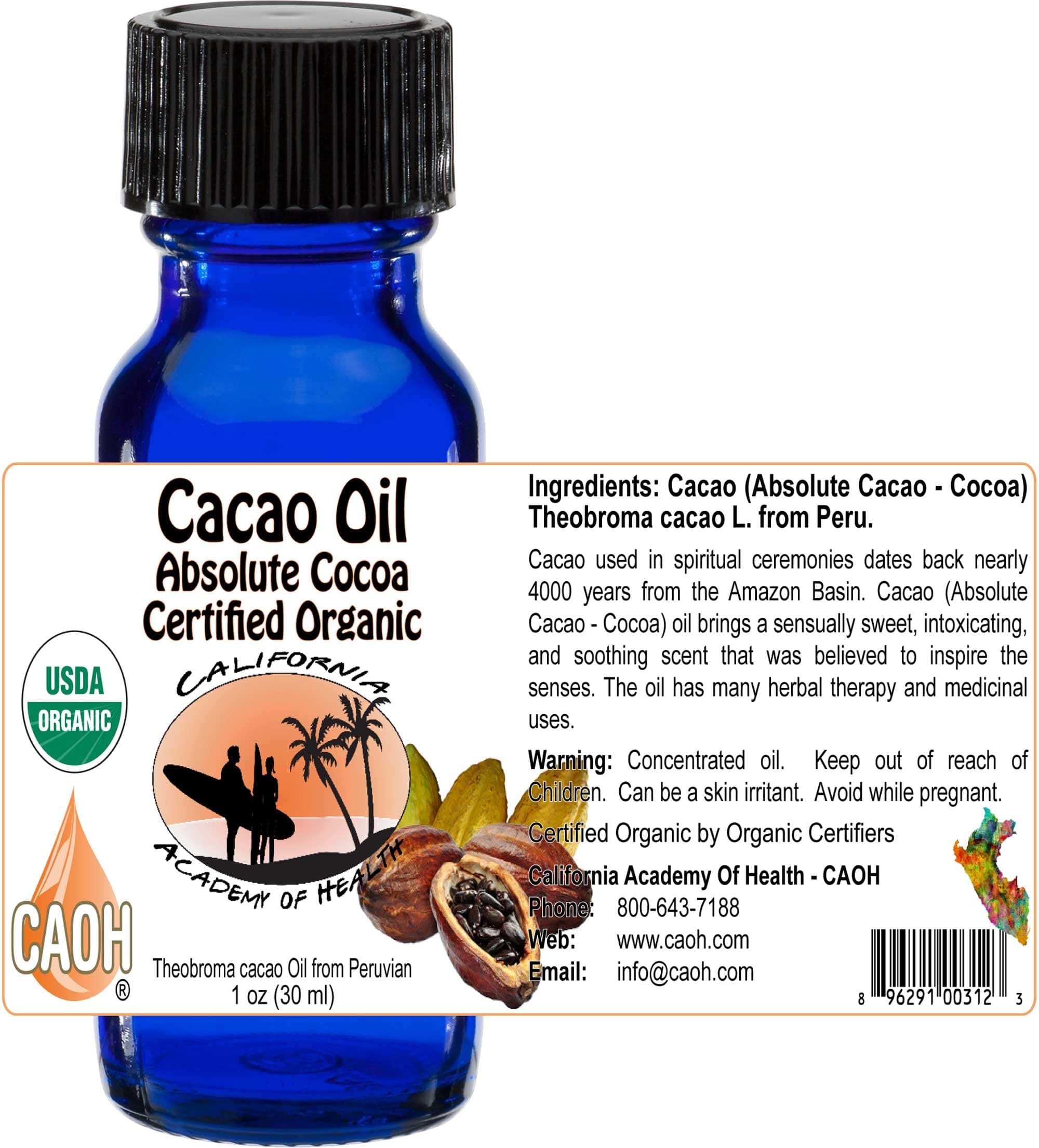 Organic Cacao Oil by California Academy of Health - Absolute Cocoa - Theobroma Cacao - Peruvian - 1 oz from CAOH