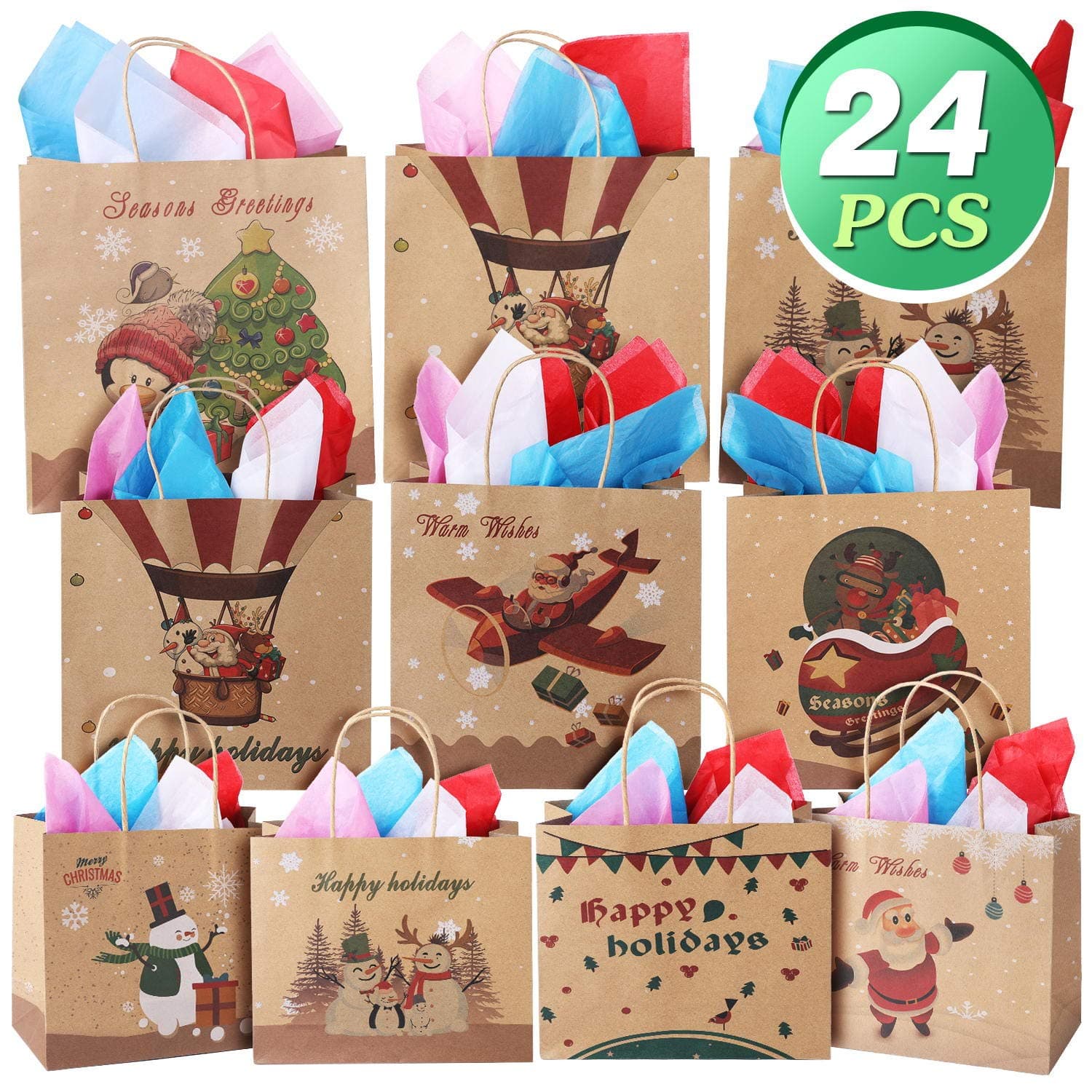 Christmas Gift Bags Bulk Set - 24 Count Kraft Gift Bags with Assorted Christmas Prints, Christmas Goody Bags with Handles for Xmas Gift Wrapping, Classrooms & Party
