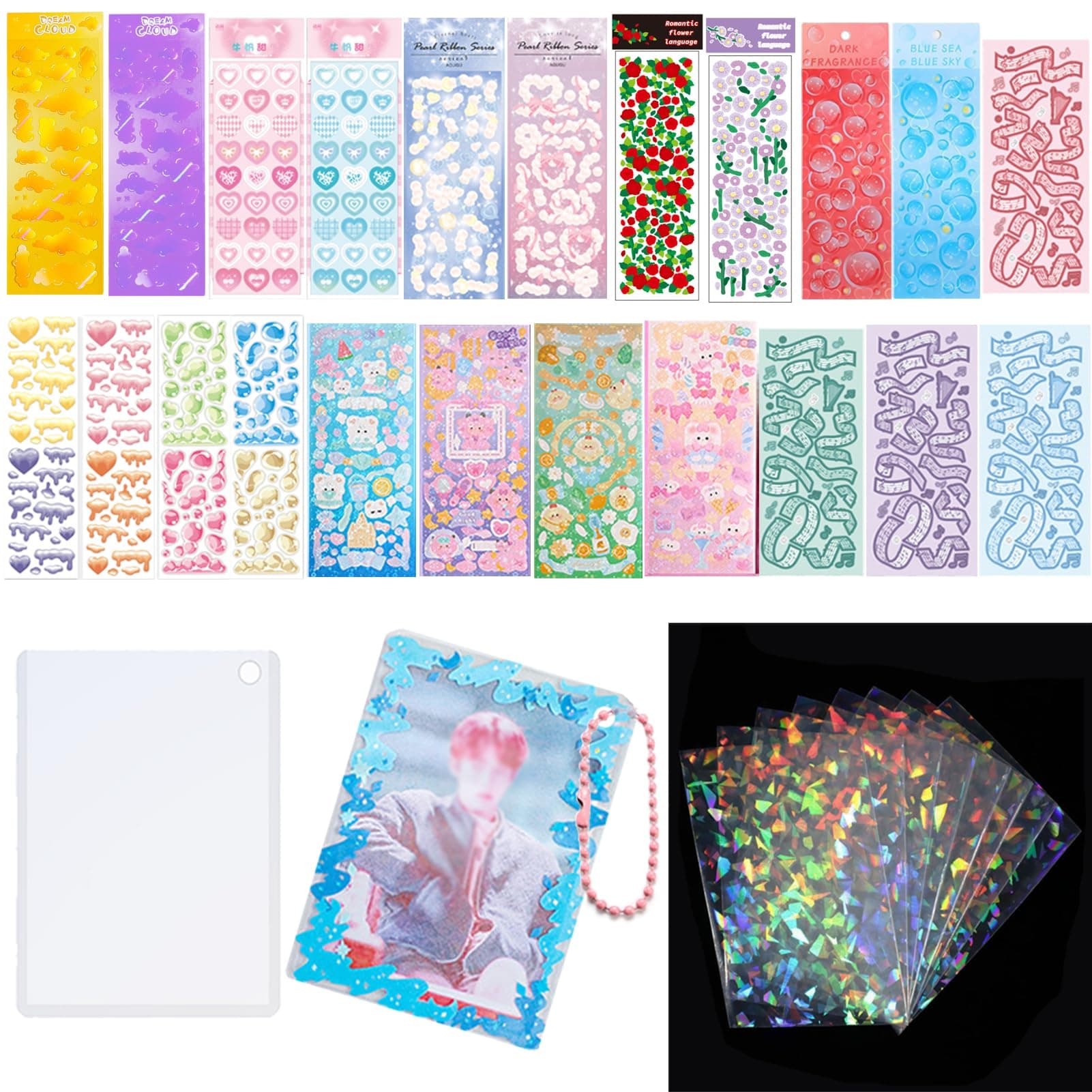 6 Kpop Photo Card Holders, Keychain, Toploader, 50 Holographic Card Sleeves for Trading Cards, Kpop Photocard, 22 Korean Ribbons for Photo Cards, Folders, Album, Scrapbooking,
