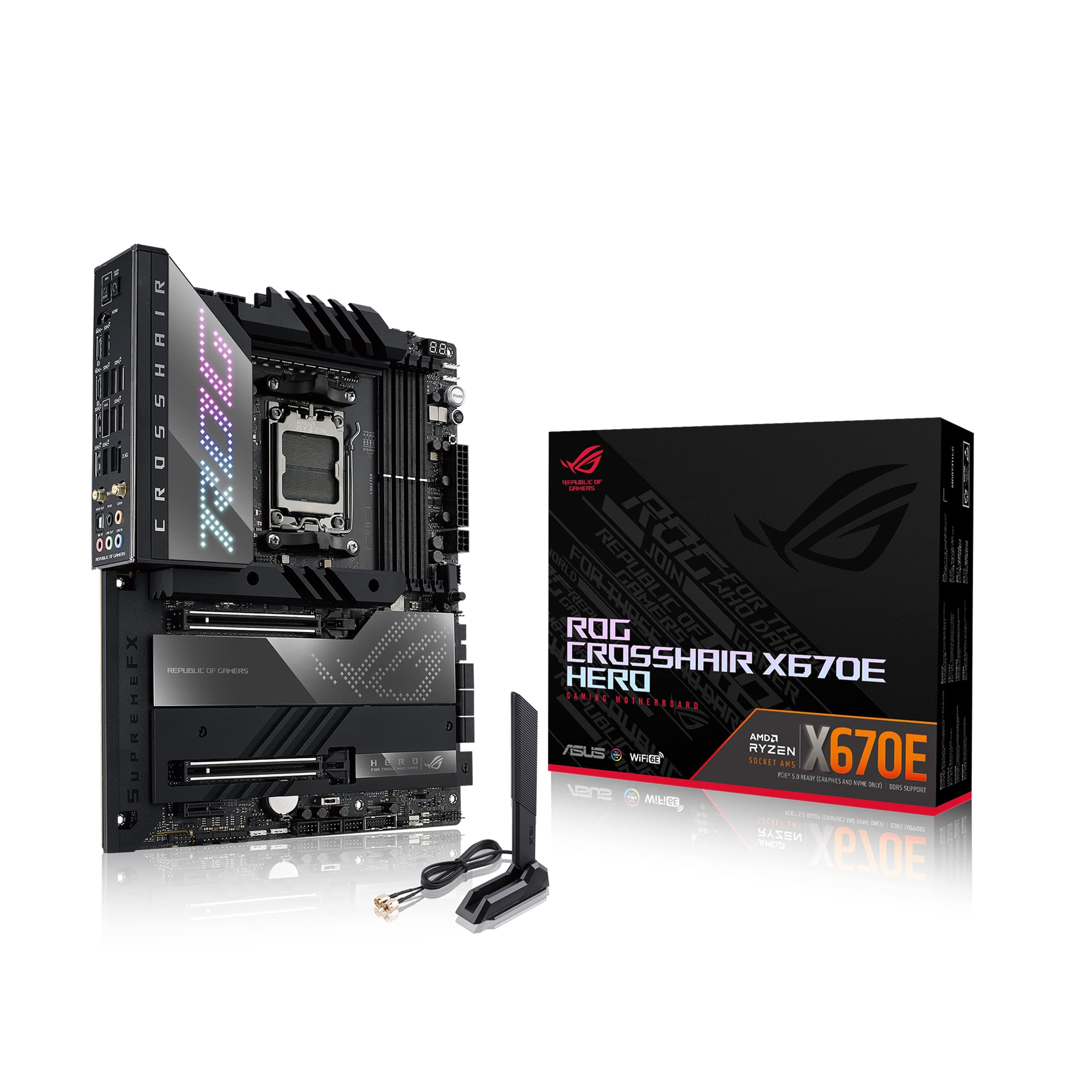 ASUS ROG Crosshair X670E Hero ATX motherboard, 18 + 2 power stages, PCIe 5.0, DDR5 support, five M.2 slots, USB 3.2 Gen 2x2 front-panel connector with Quick Charge 4+, USB4, Wi-Fi 6E
