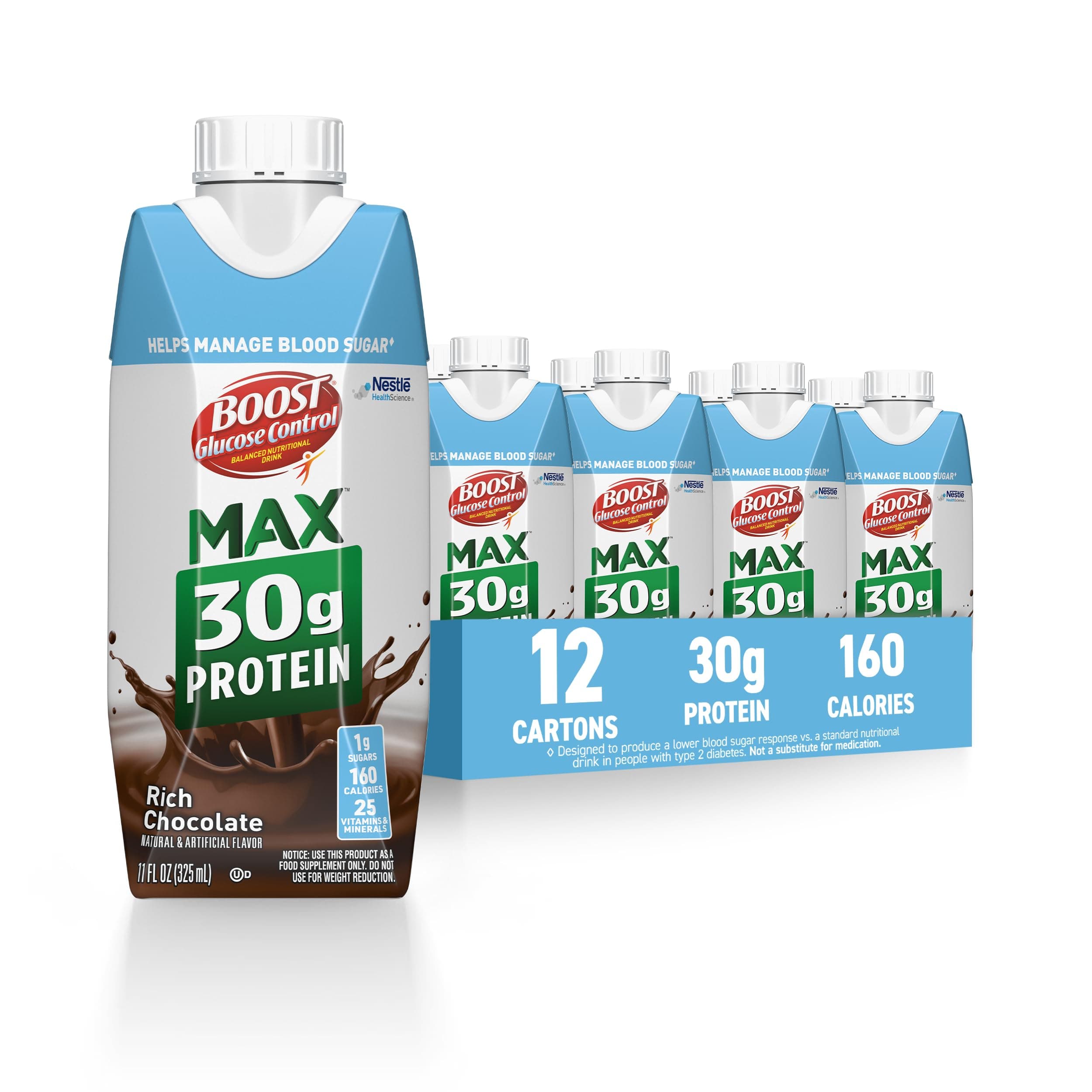 Glucose Control Max 30g Protein Nutritional Drink, Rich Chocolate, 11 Fl Oz (Pack of 12), Packaging May Vary